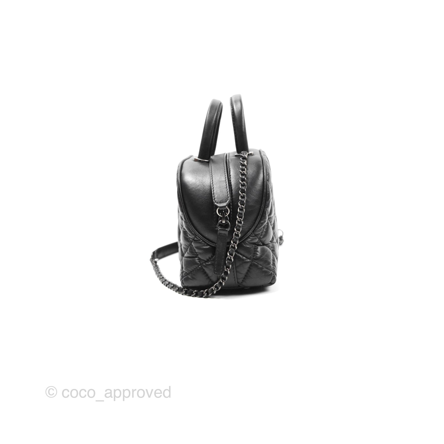 Chanel Quilted Small Handle Bowling Bag Black Aged Calfskin Ruthenium Hardware