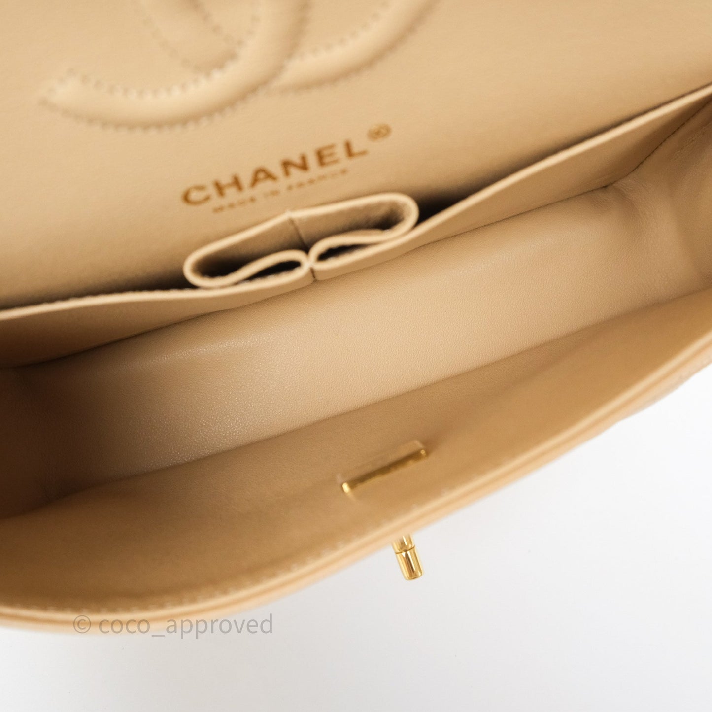 Chanel Small Classic Flap Quilted Beige Caviar Gold Hardware