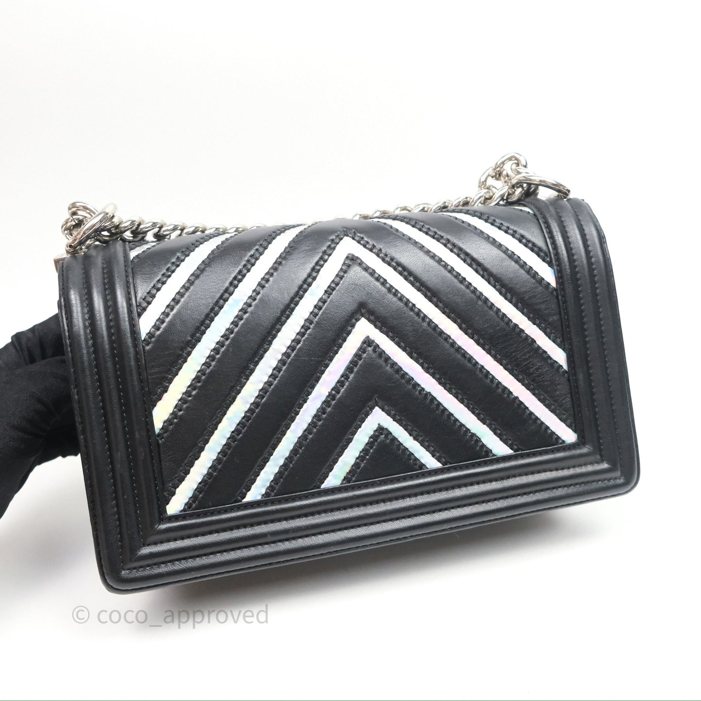 Chanel Medium Boy Chevron Iridescent PVC Lambskin Black Silver Hardware