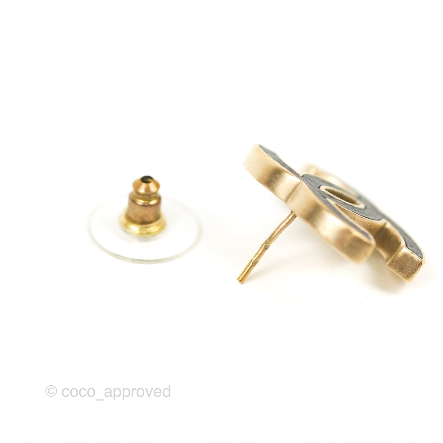 Chanel CC Black Leather Earrings Matte Gold Tone 12P