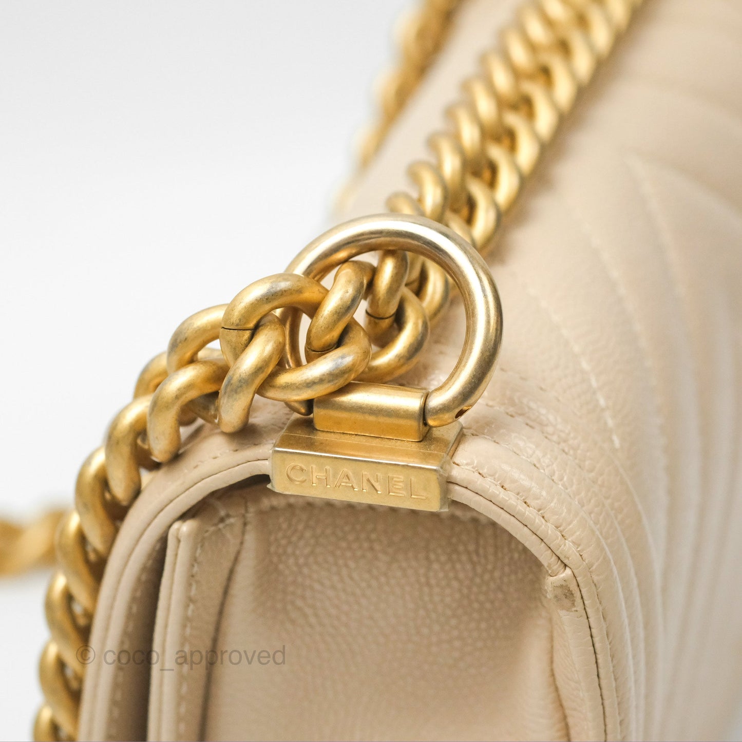 Chanel Chevron Small Boy Cream Ivory Caviar Aged Gold Hardware