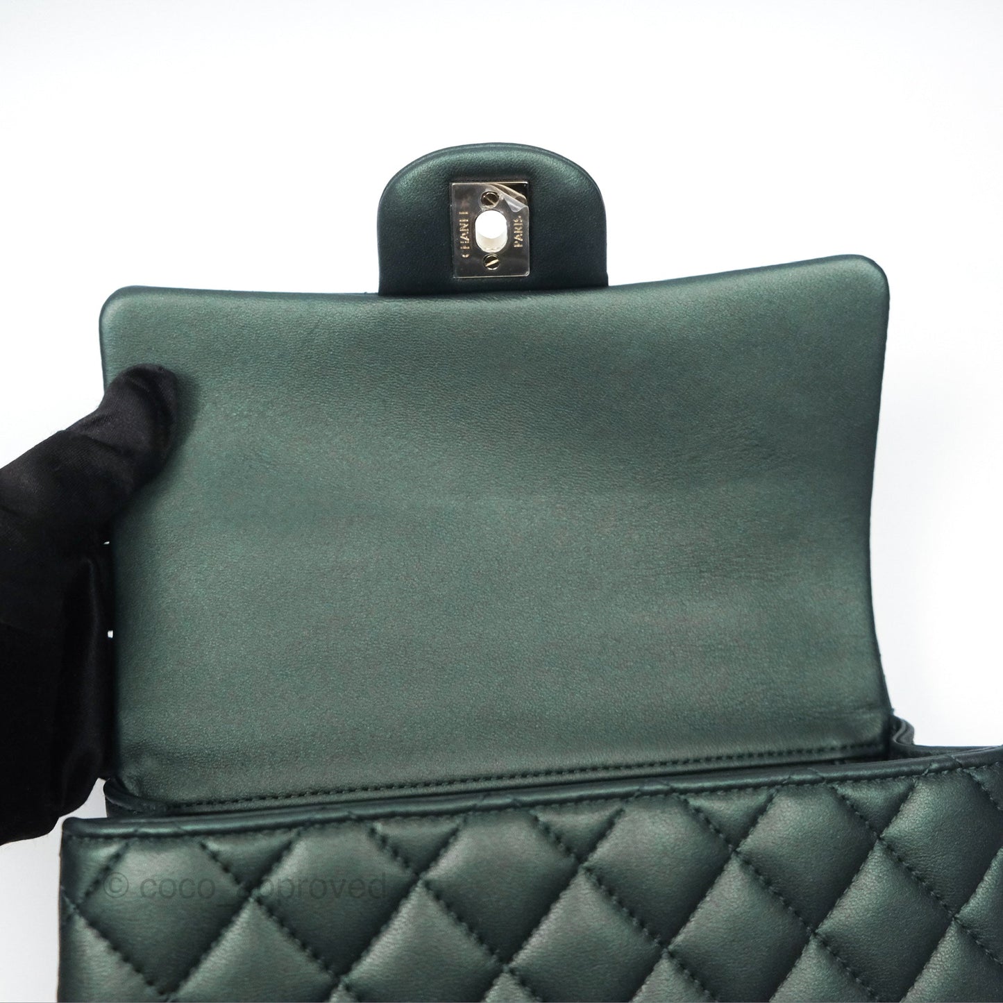 Chanel Top Handle Mini Rectangular Flap Bag Iridescent Dark Green Lambskin Gold Hardware