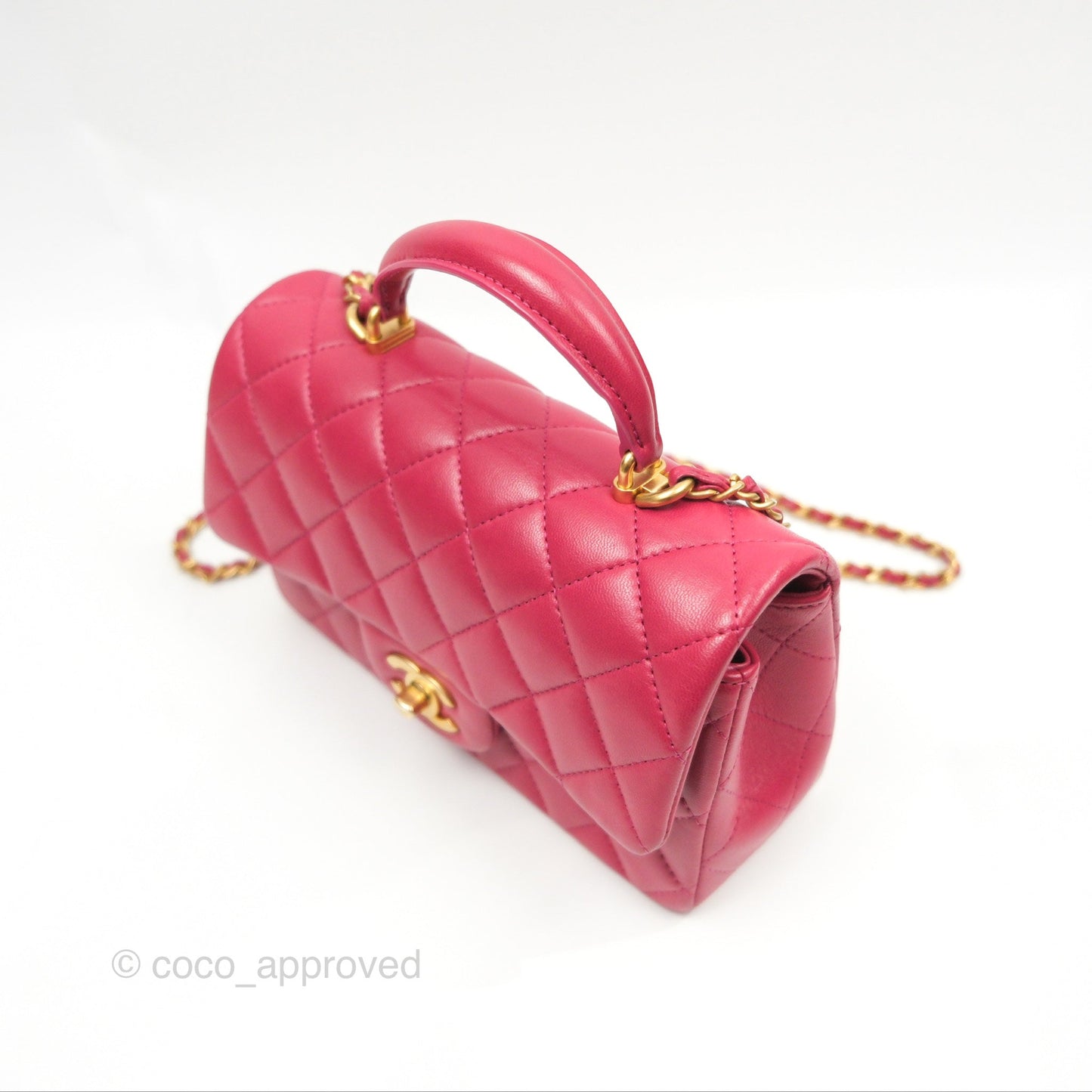 Chanel Top Handle Mini Rectangular Flap Bag Berry Red Lambskin Aged Gold Hardware