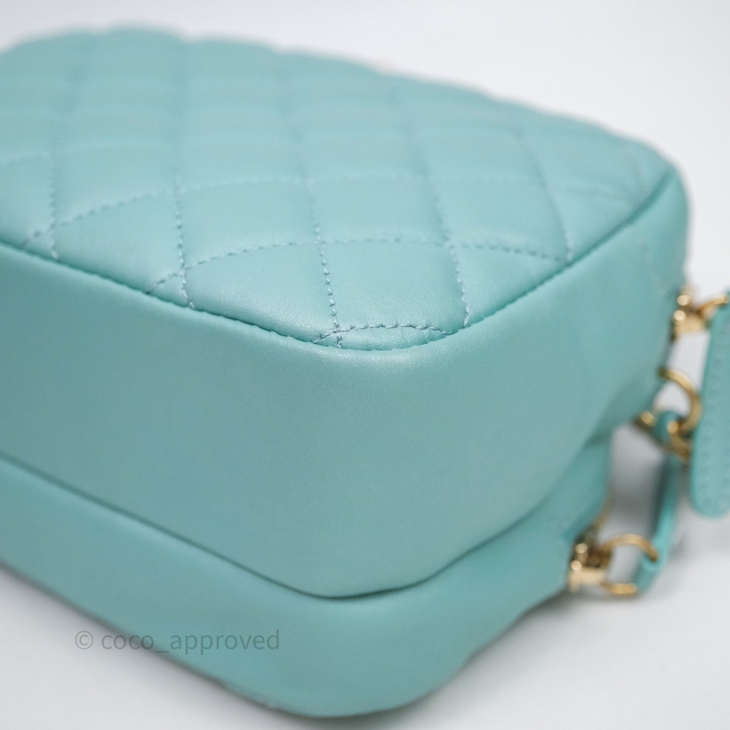 Chanel Camera Bag Quilted Pearly Turquoise Lambskin Aged Gold Hardware