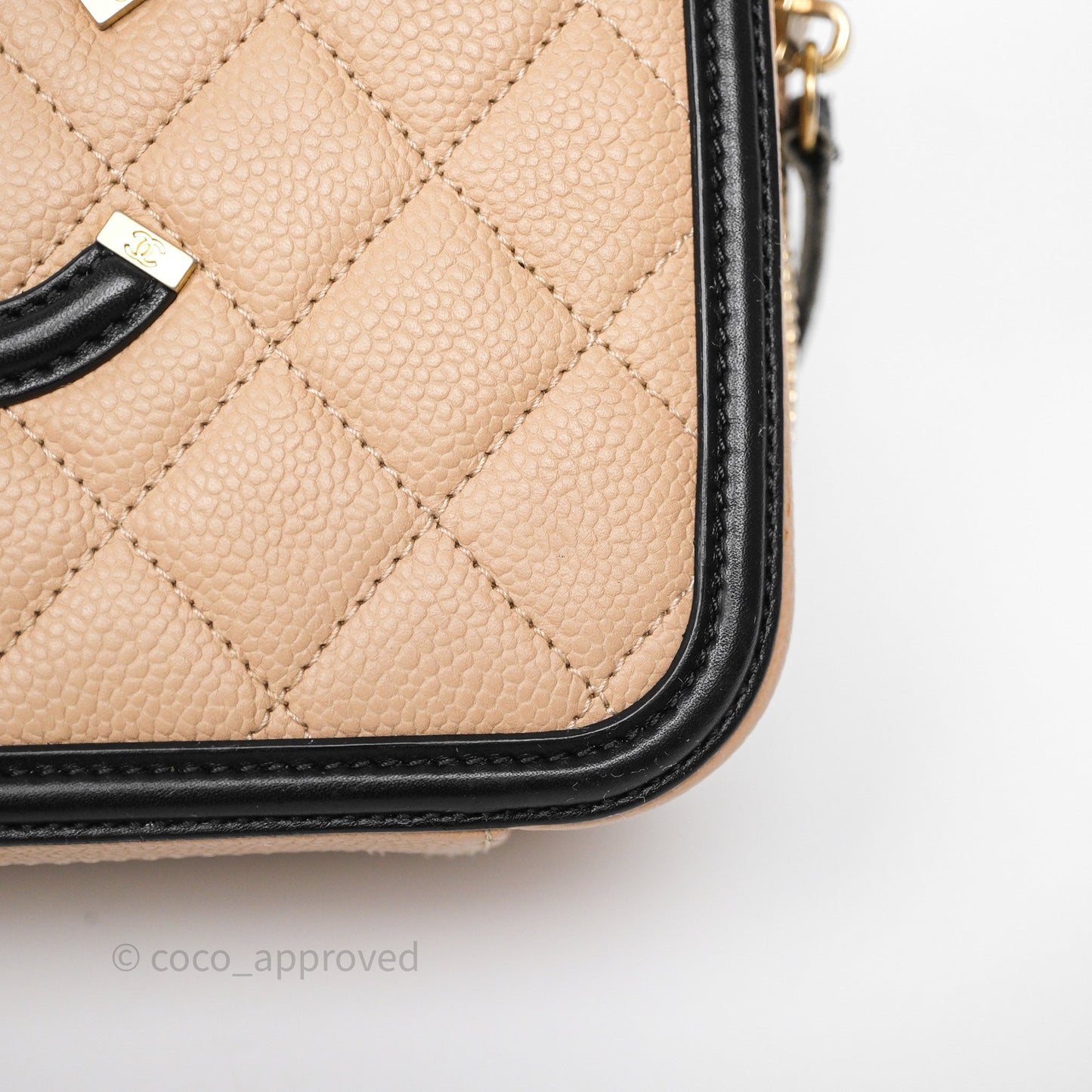Chanel Quilted Medium CC Filigree Vanity Case Beige Black Caviar Aged Gold Hardware