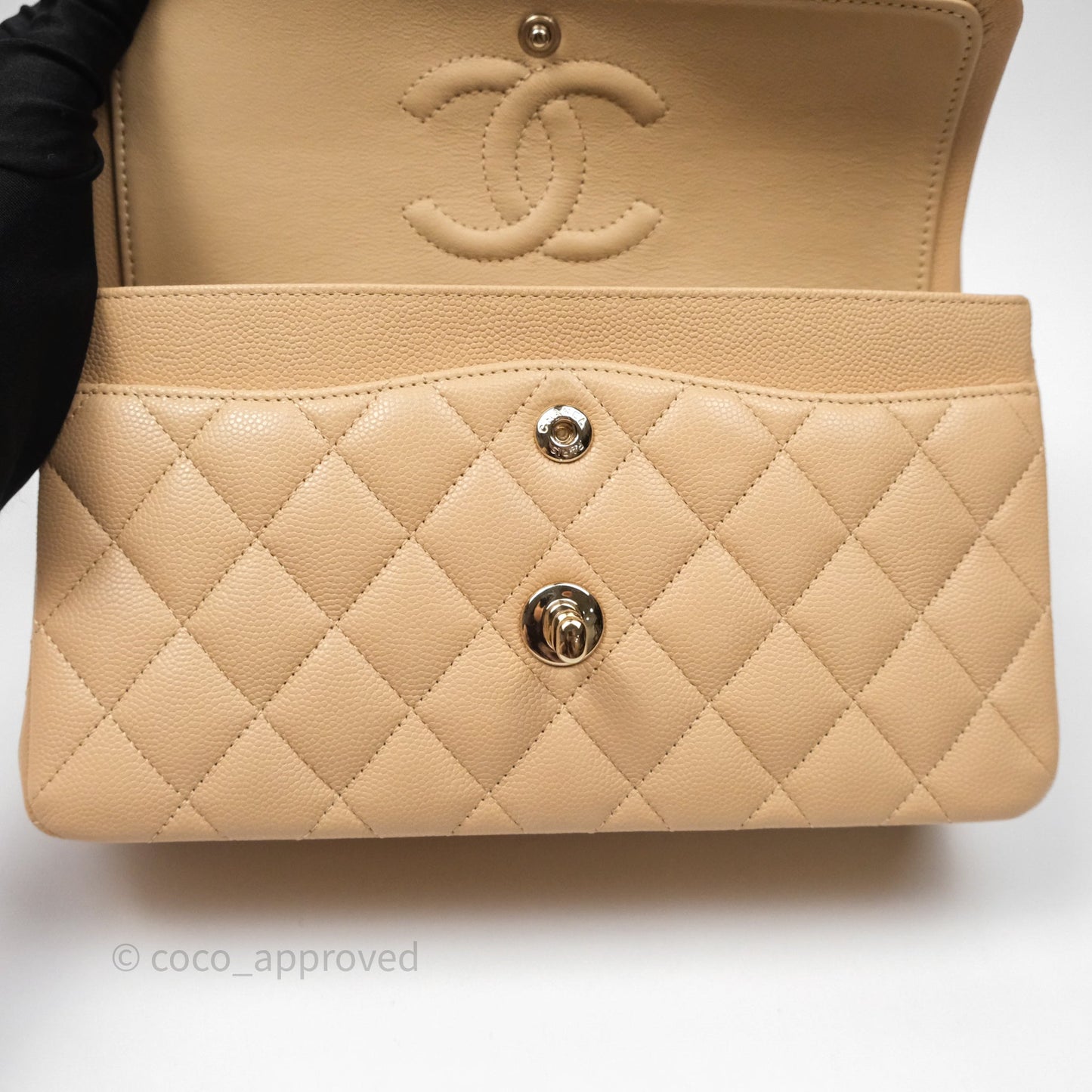 Chanel Classic Small S/M Quilted Flap Beige Caviar Gold Hardware