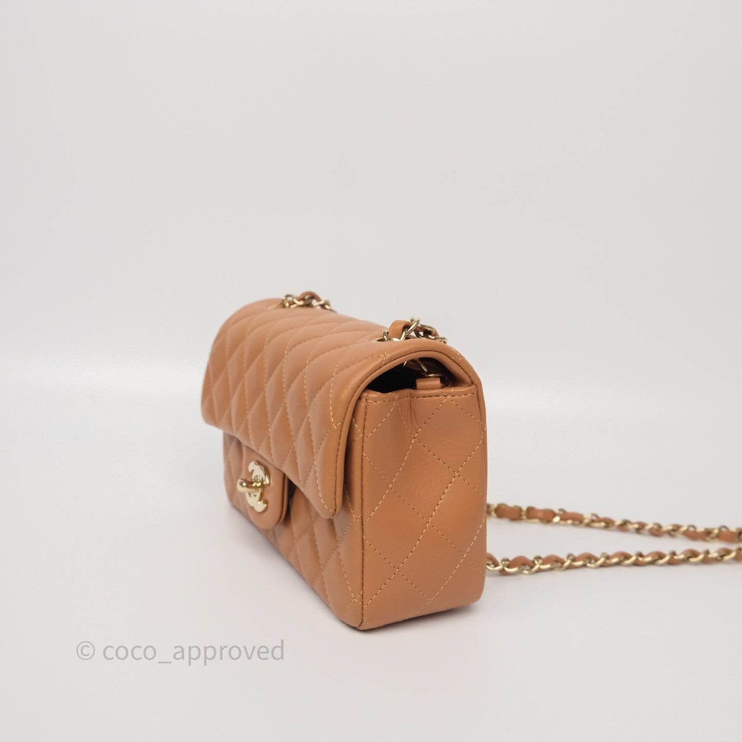 Chanel Mini Rectangular Flap Quilted Caramel Beige Lambskin Gold Hardware