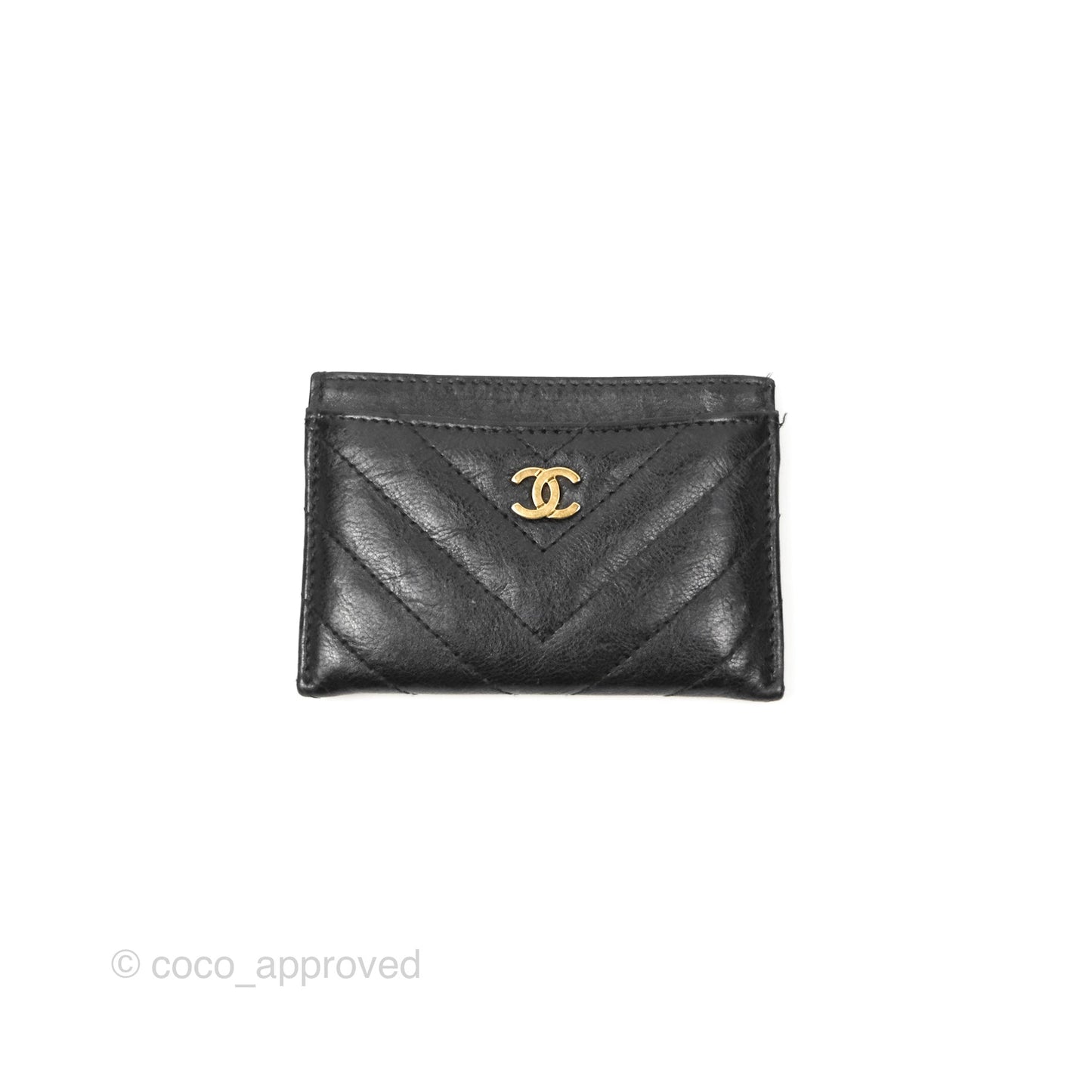 Chanel Classic Flat Card Holder Chevron Black Calfskin Gold Hardware