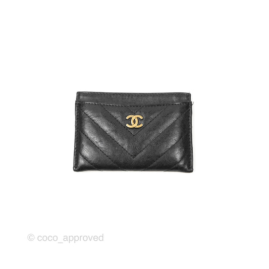 Chanel Classic Flat Card Holder Chevron Black Calfskin Gold Hardware