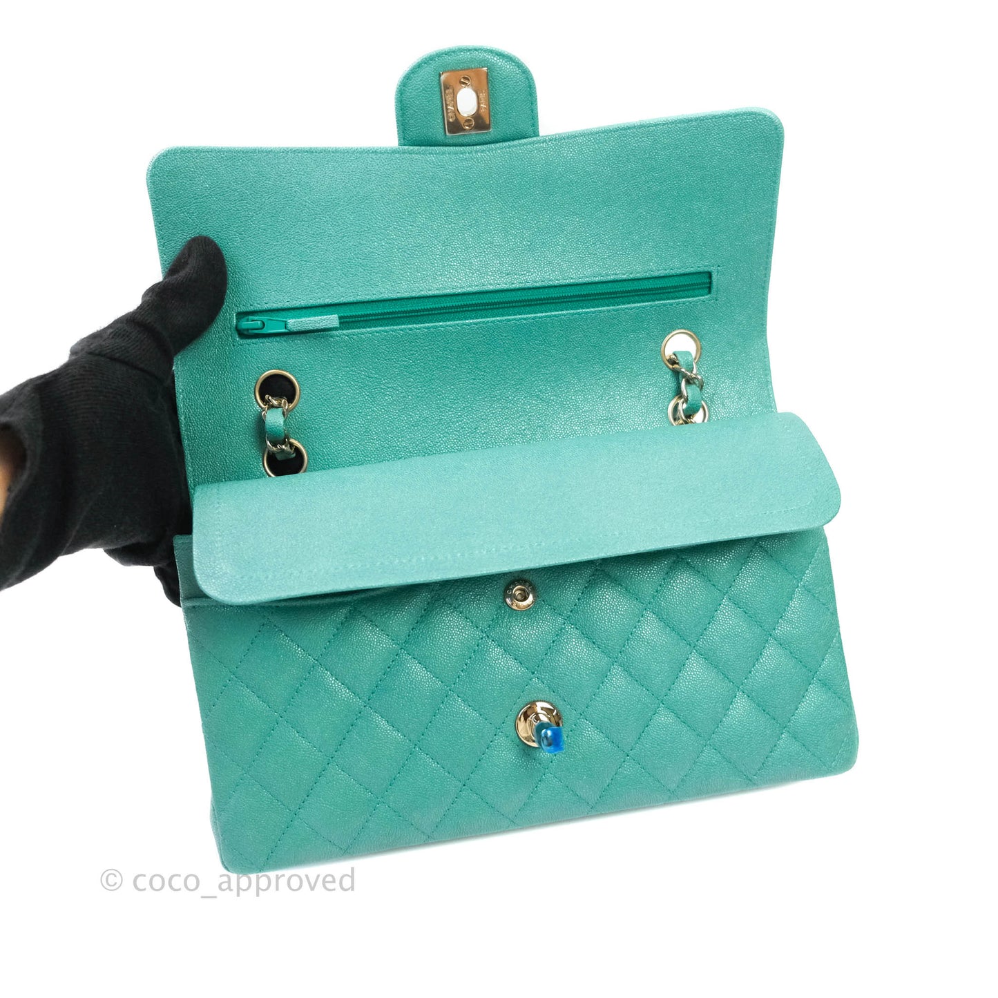 Chanel Classic M/L Medium Double Flap Iridescent Turquoise Caviar Gold Hardware 19S