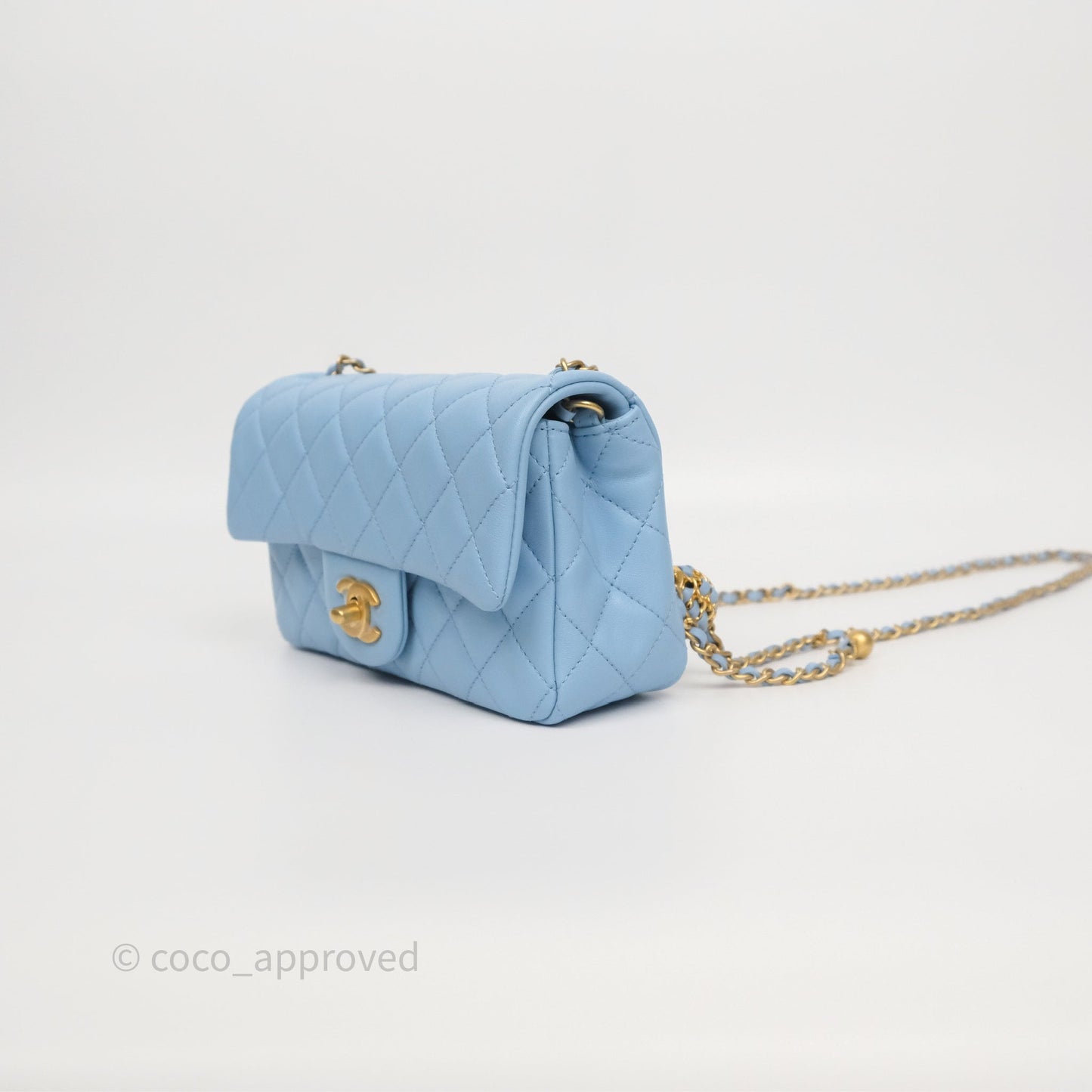 Chanel Mini Rectangular Pearl Crush Quilted Sky Blue Lambskin Aged Gold Hardware