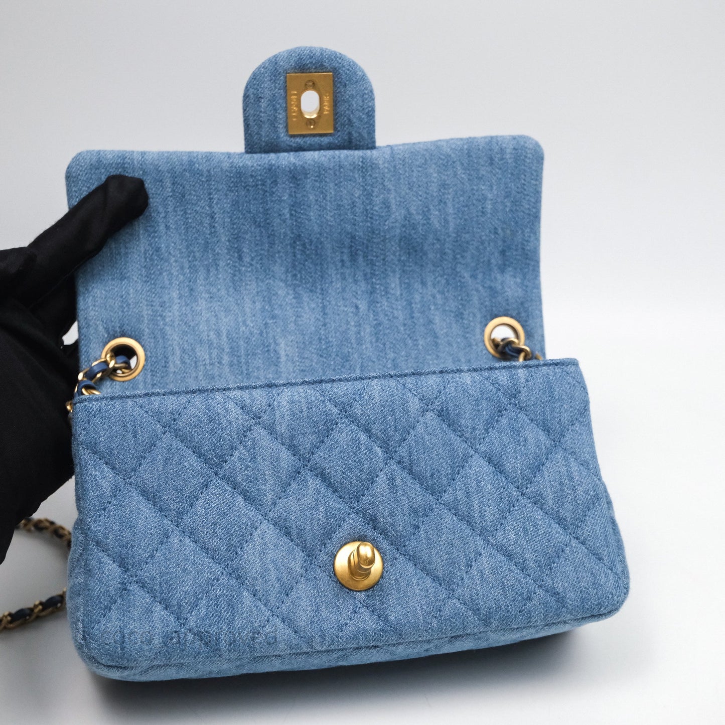 Chanel Mini Rectangular Pearl Crush Flap Quilted Denim Aged Gold Hardware