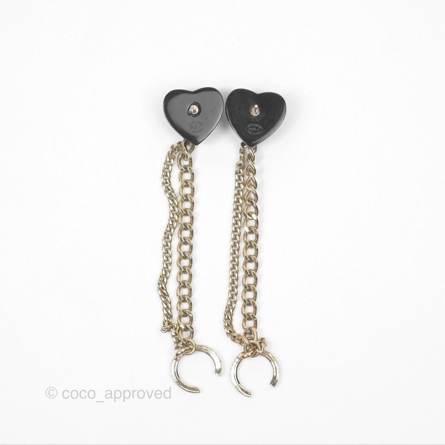 Chanel Crystal CC Black Heart Chain Drop Earrings Gold Tone 22B