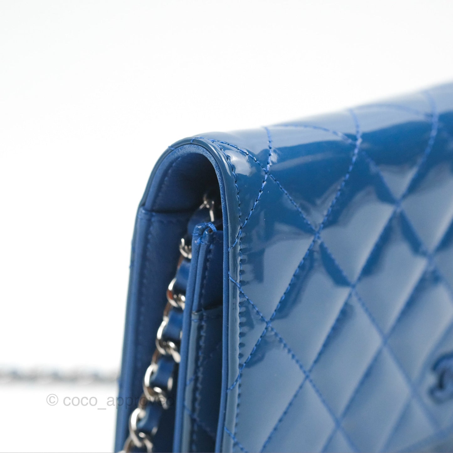Chanel Quilted Classic Wallet on Chain WOC Blue Patent Silver Hardware