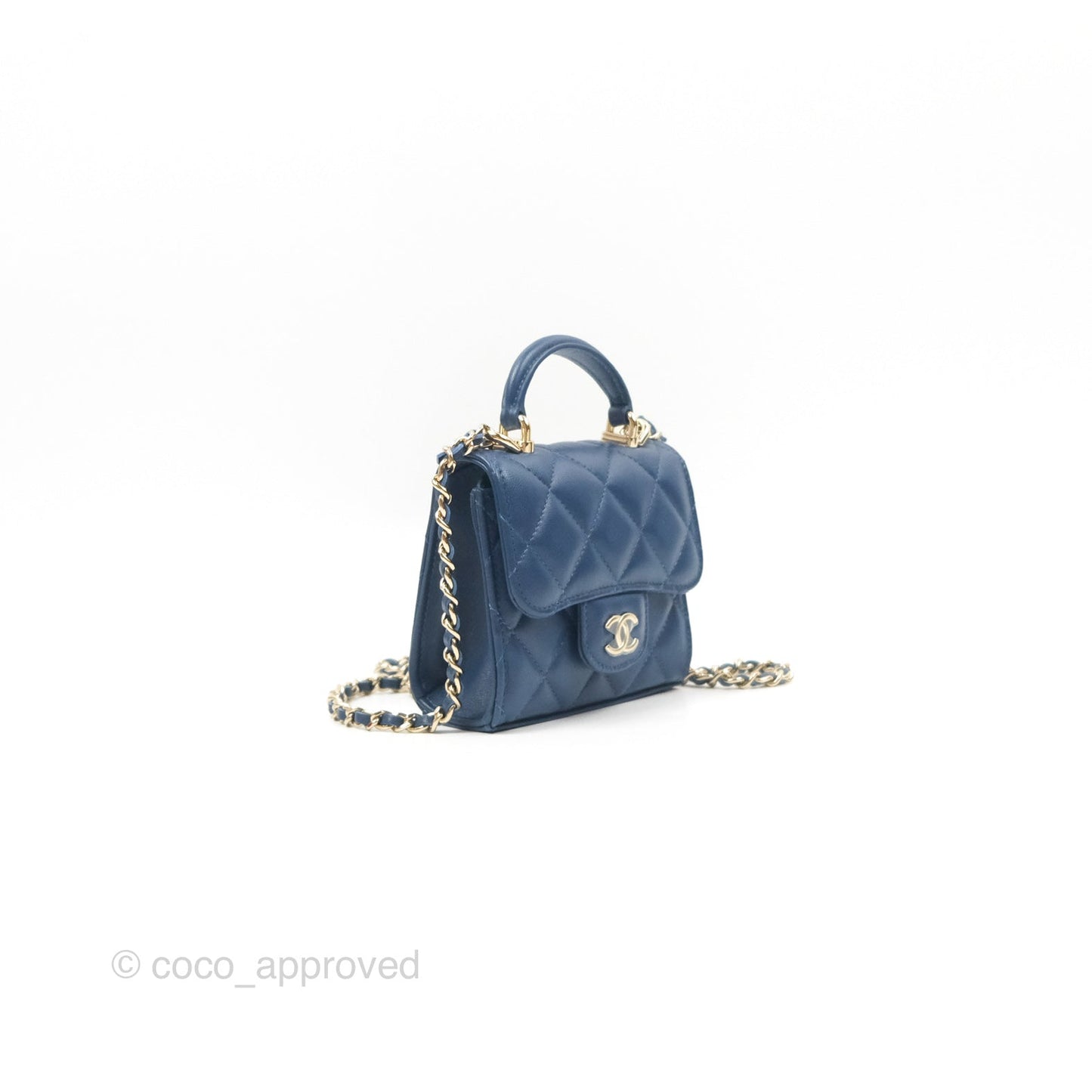 Chanel Mini Handle Clutch With Chain Navy Lambskin Gold Hardware