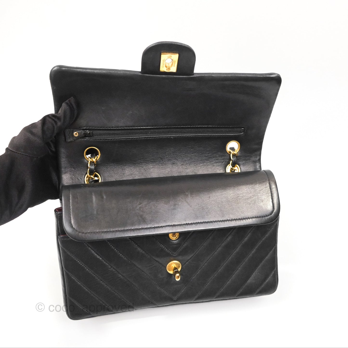 Chanel Vintage Medium Classic Flap Chevron Black Lambskin 24K Gold Hardware