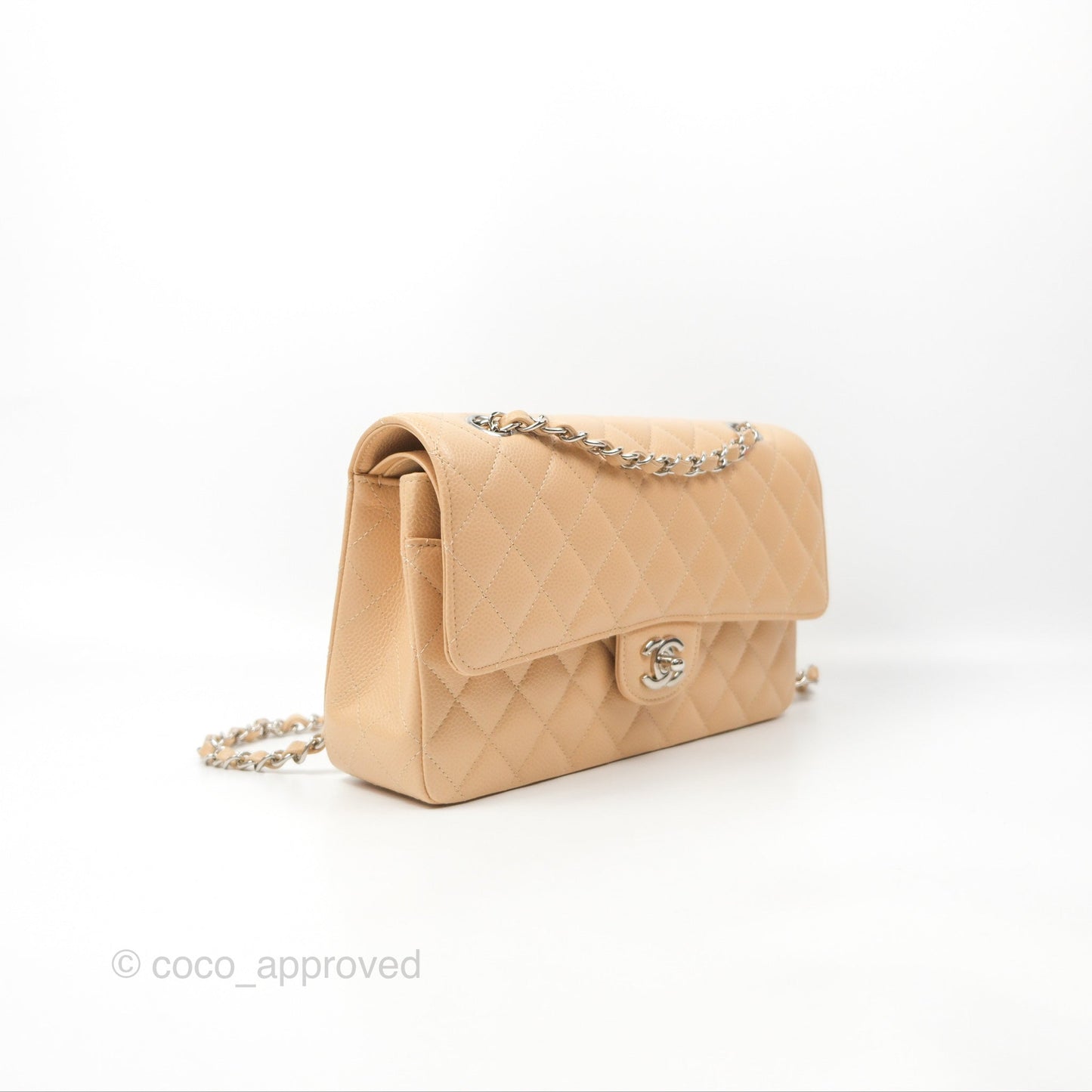 Chanel Classic M/L Medium Flap Quilted Beige Caviar Silver Hardware