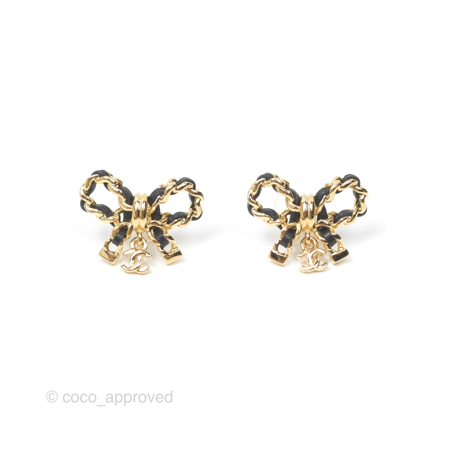 Chanel Woven Ribbon Bow Black Earrings Gold Tone 24V