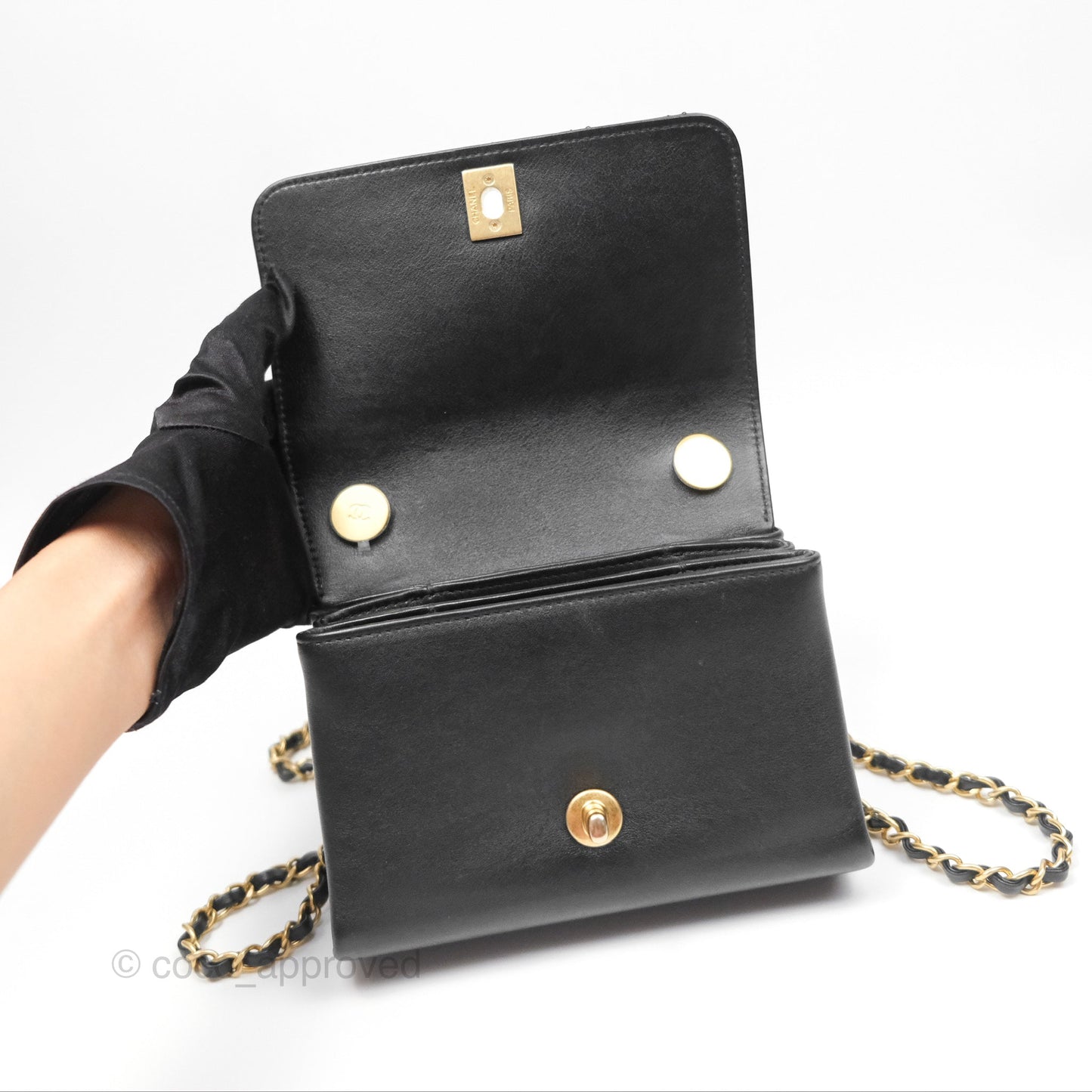 Chanel Pearl Chain Bag Black Calfskin Aged Gold Hardware