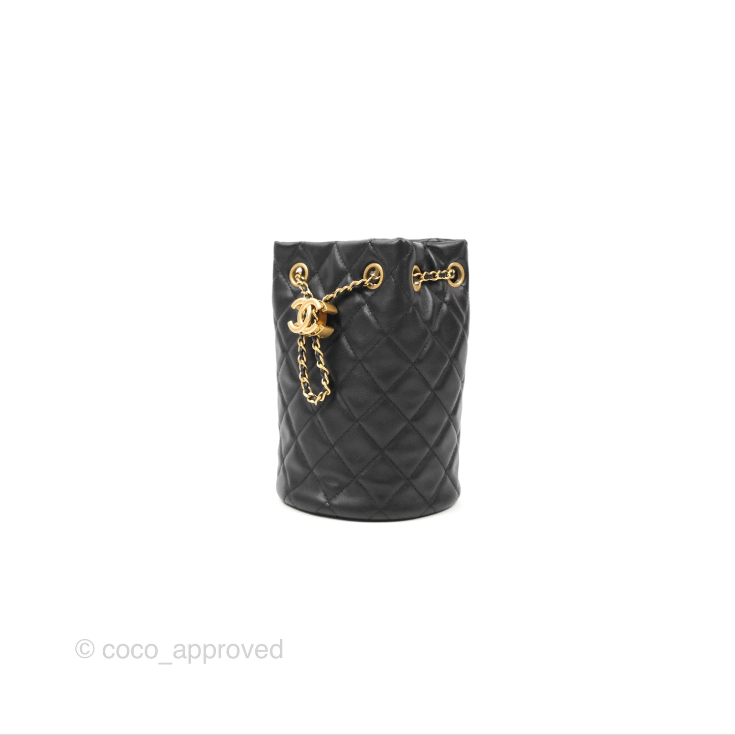 Chanel Pearl Crush Bucket Bag Black Lambskin Aged Gold Hardware