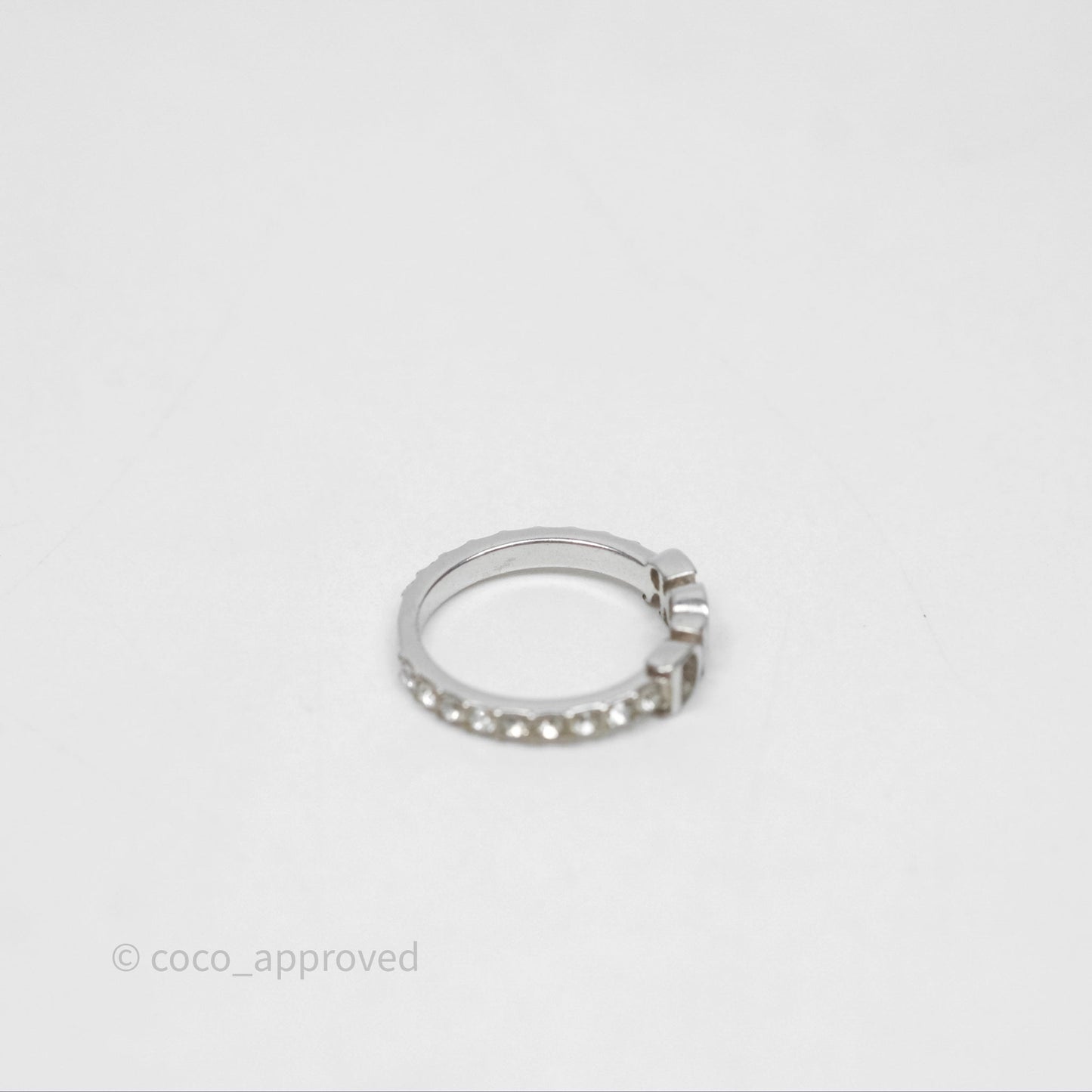Christian Dior Crystal Logo Ring Silver Tone Size M