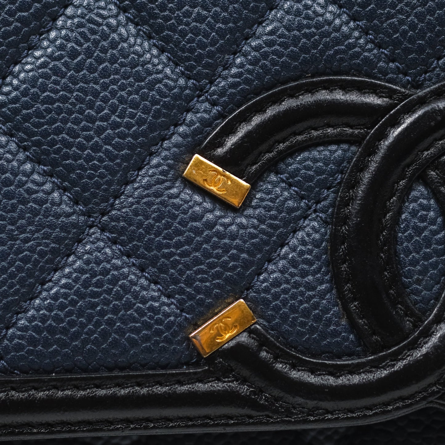 Chanel Small CC Filigree Flap Quilted Navy Black Caviar Aged Gold Hardware