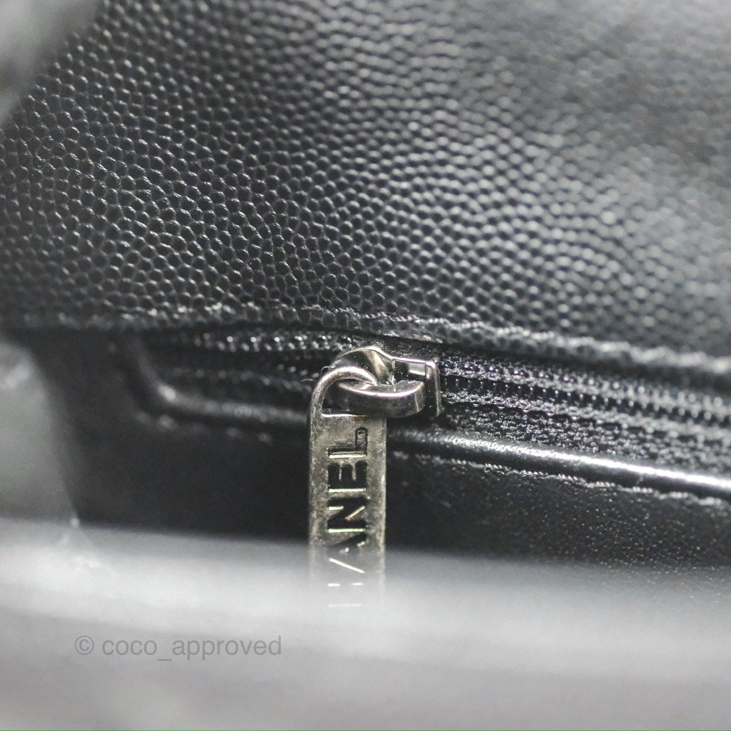 Chanel Small Coco Handle Quilted Black Caviar Ruthenium Hardware Olive Lizard Handle