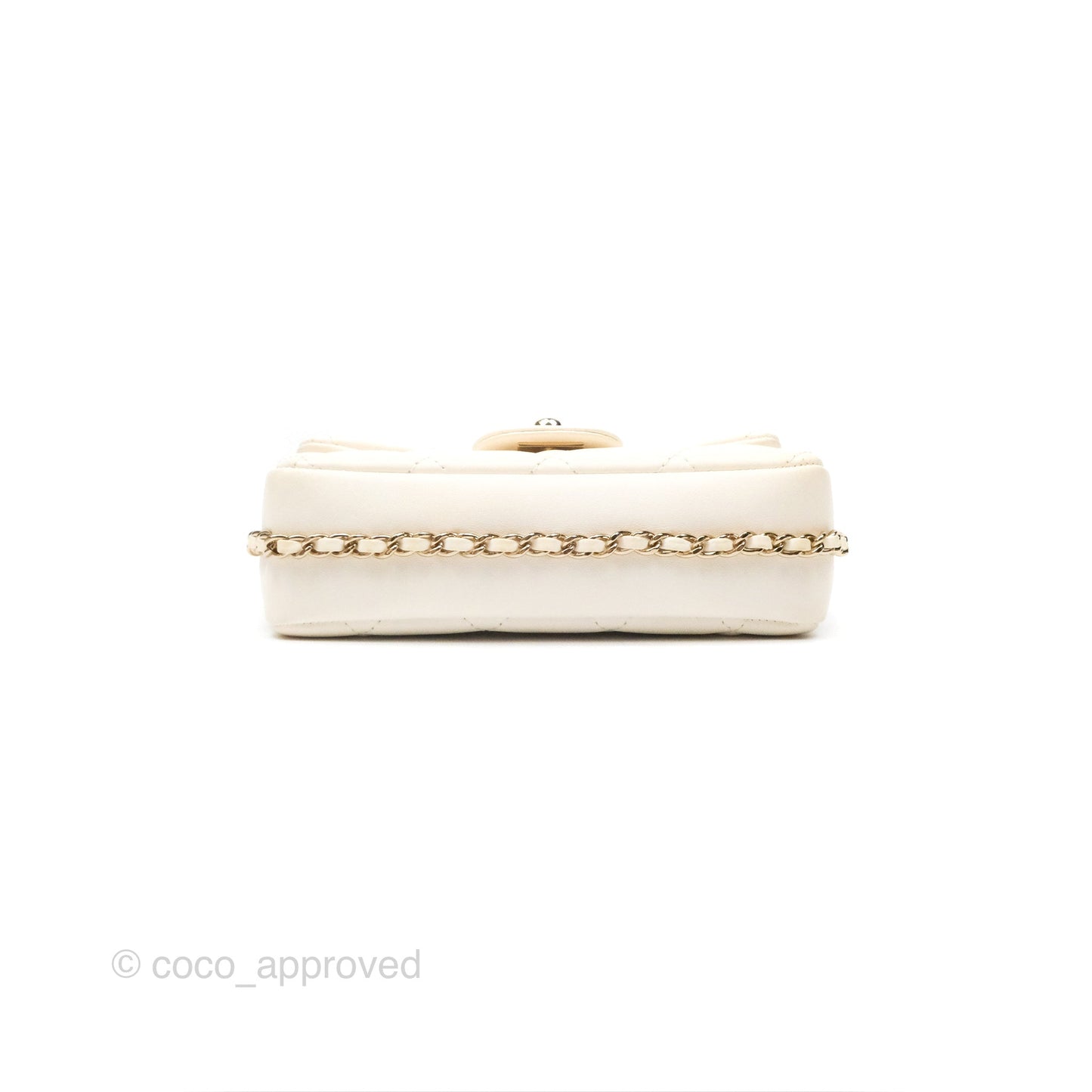 Chanel Small Logo Pearl Chain Flap Bag White Lambskin Gold Hardware