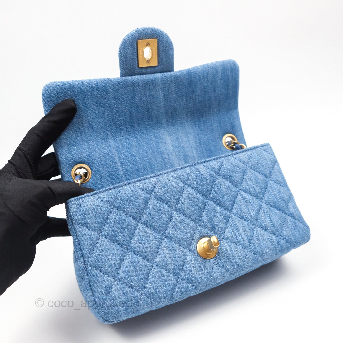Chanel Mini Rectangular Pearl Crush Quilted Denim Aged Gold Hardware