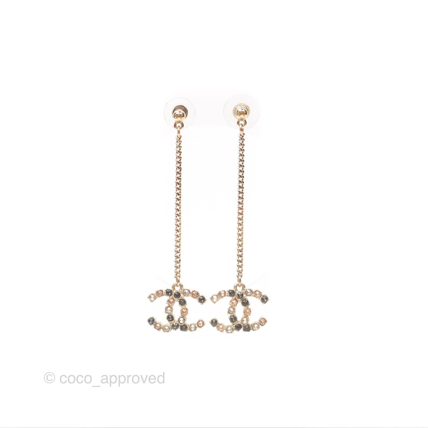 Chanel Multicolor Crystal CC Drop Earrings Gold Tone