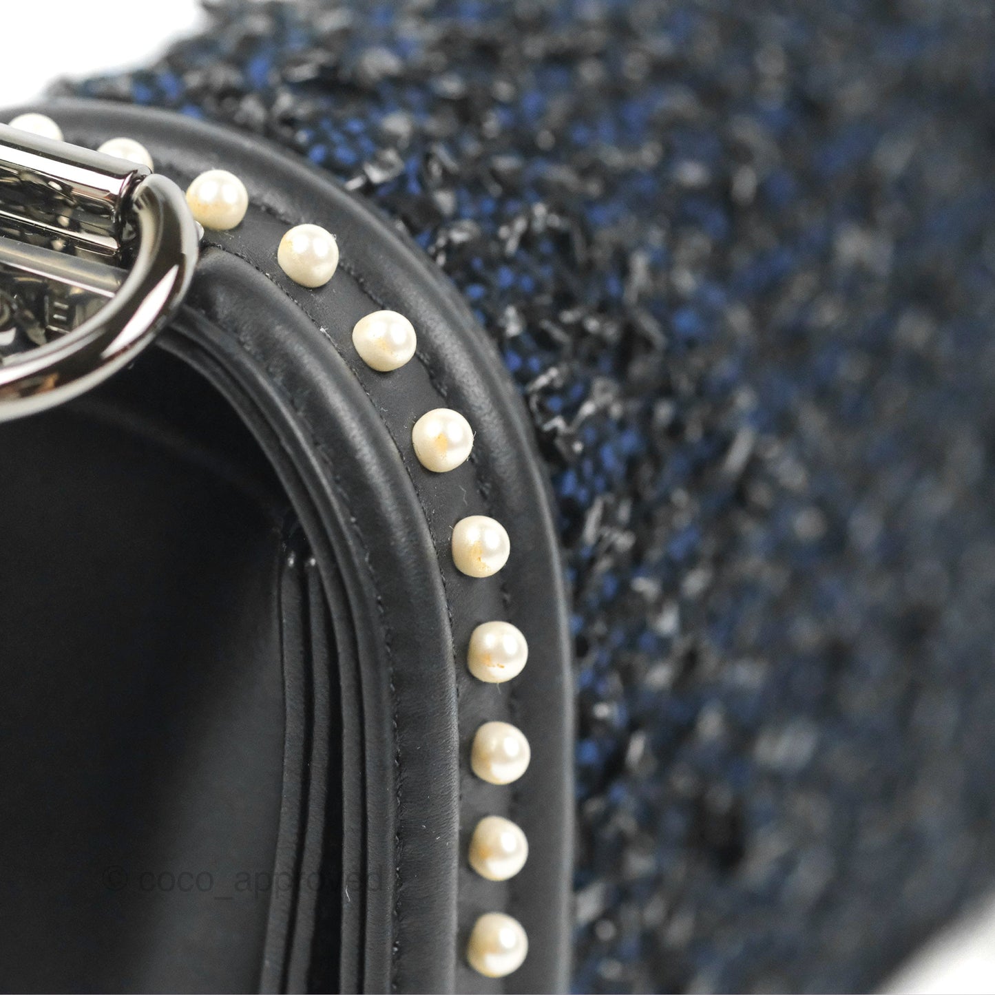 Chanel Medium Pearl Around Boy Black/Navy Tweed Gun Metal Hardware