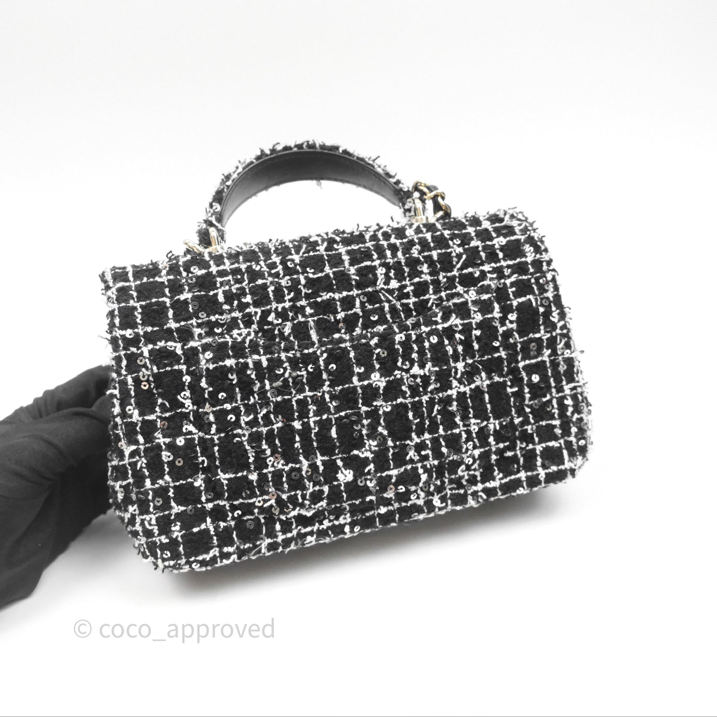 Chanel Top Handle Mini Rectangular Flap Black/ White Sequin Tweed Gold Hardware 24P