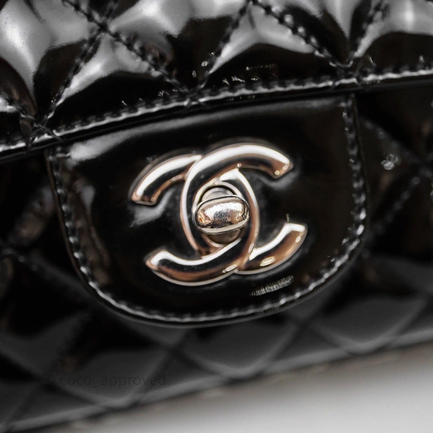 Chanel Quilted Medium Flap Black Patent Silver Hardware