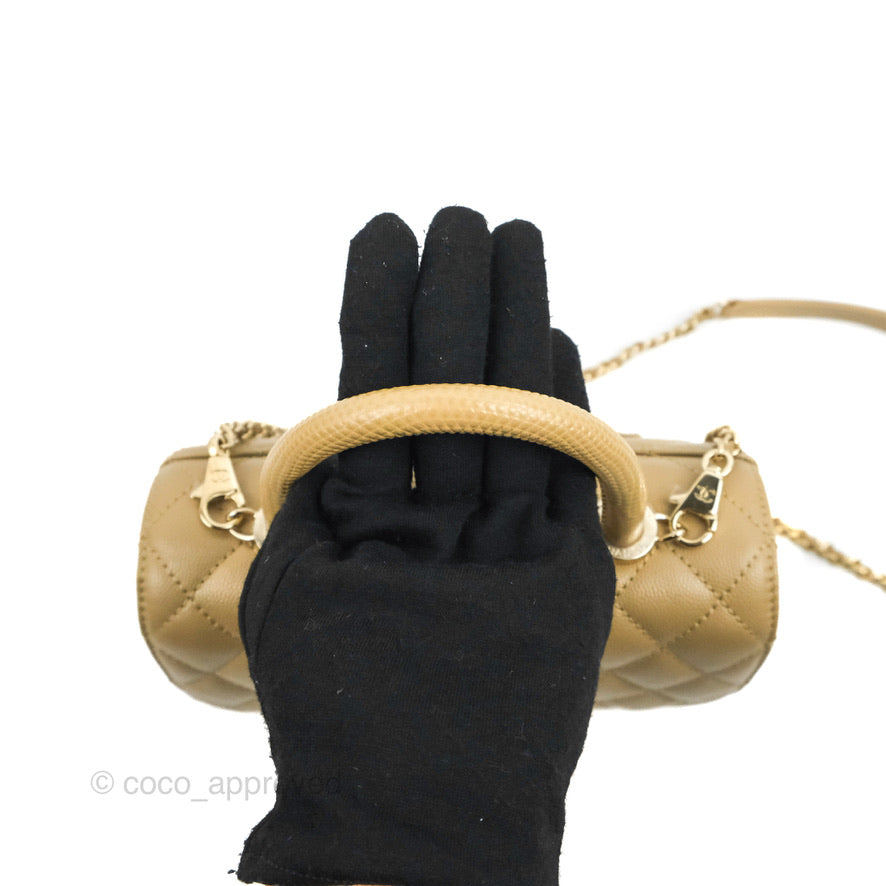 Chanel Small Coco Handle Quilted Dark Beige Caviar Gold Hardware Lizard Handle