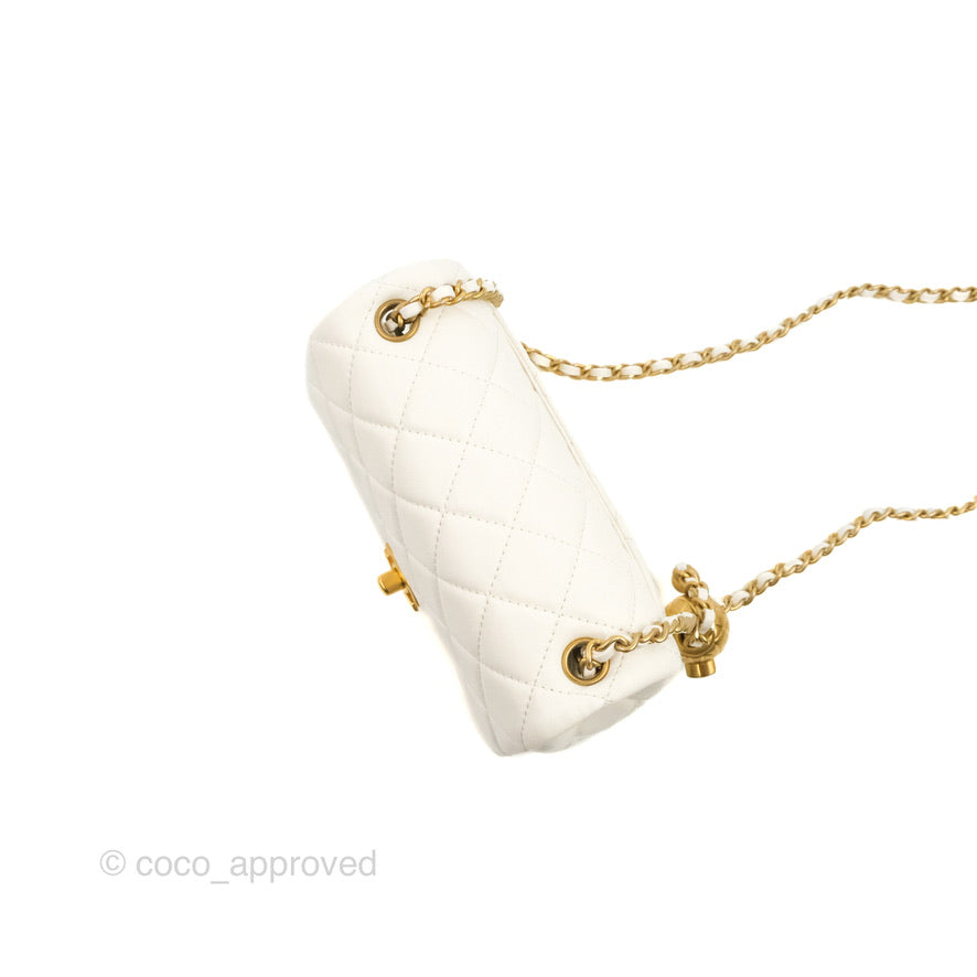Chanel Mini Square Pearl Crush Quilted White Lambskin Aged Gold Hardware