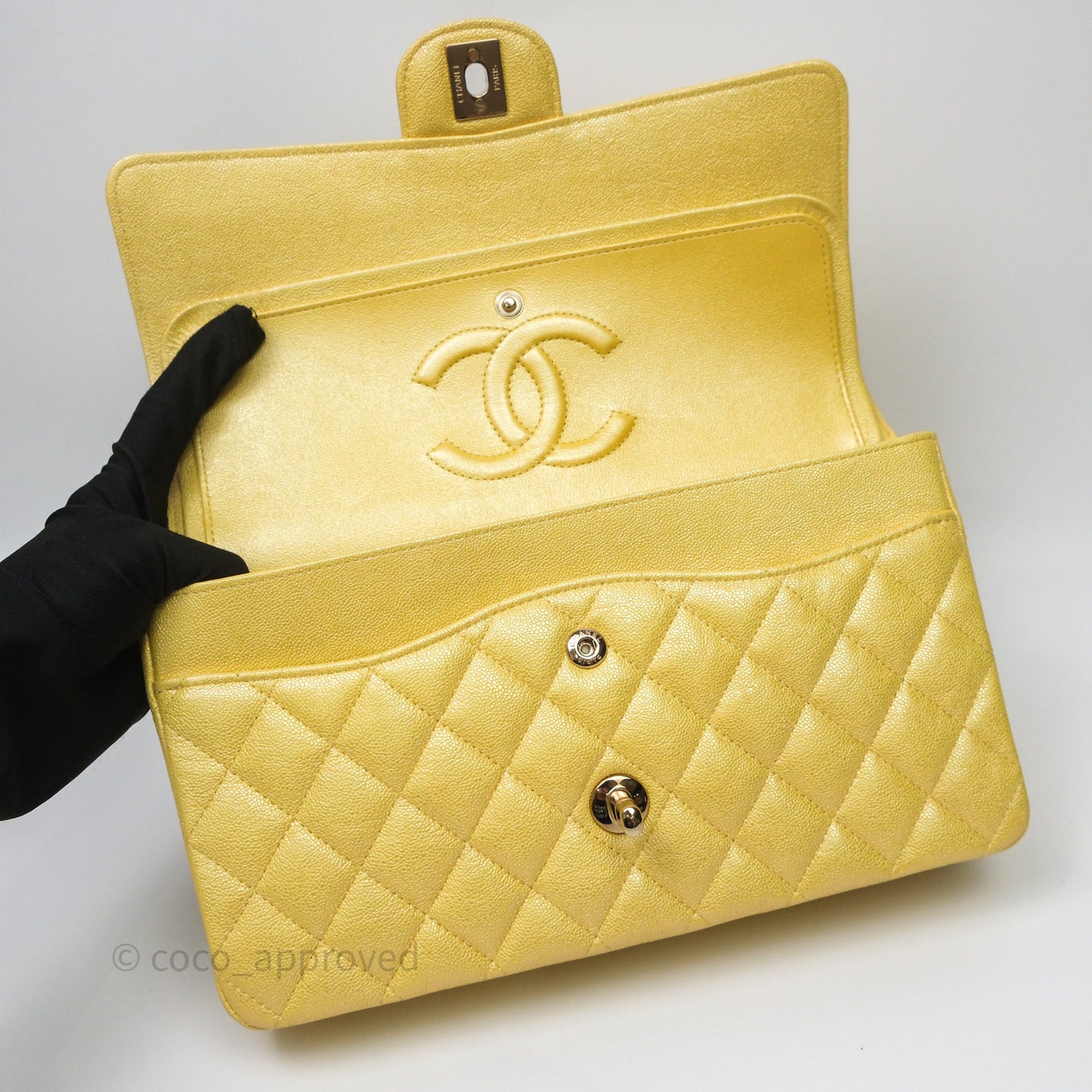 Chanel Classic M/L Medium Flap Quilted Iridescent Yellow Caviar Gold Hardware