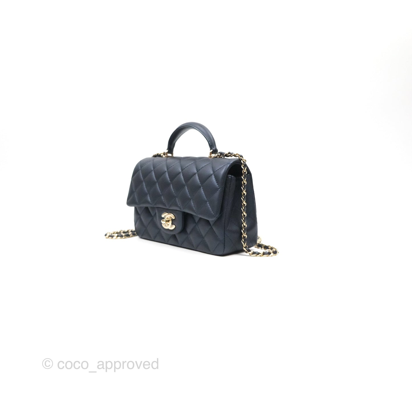 Chanel Top Handle Mini Rectangular Flap Bag Iridescent Navy Lambskin Gold Hardware