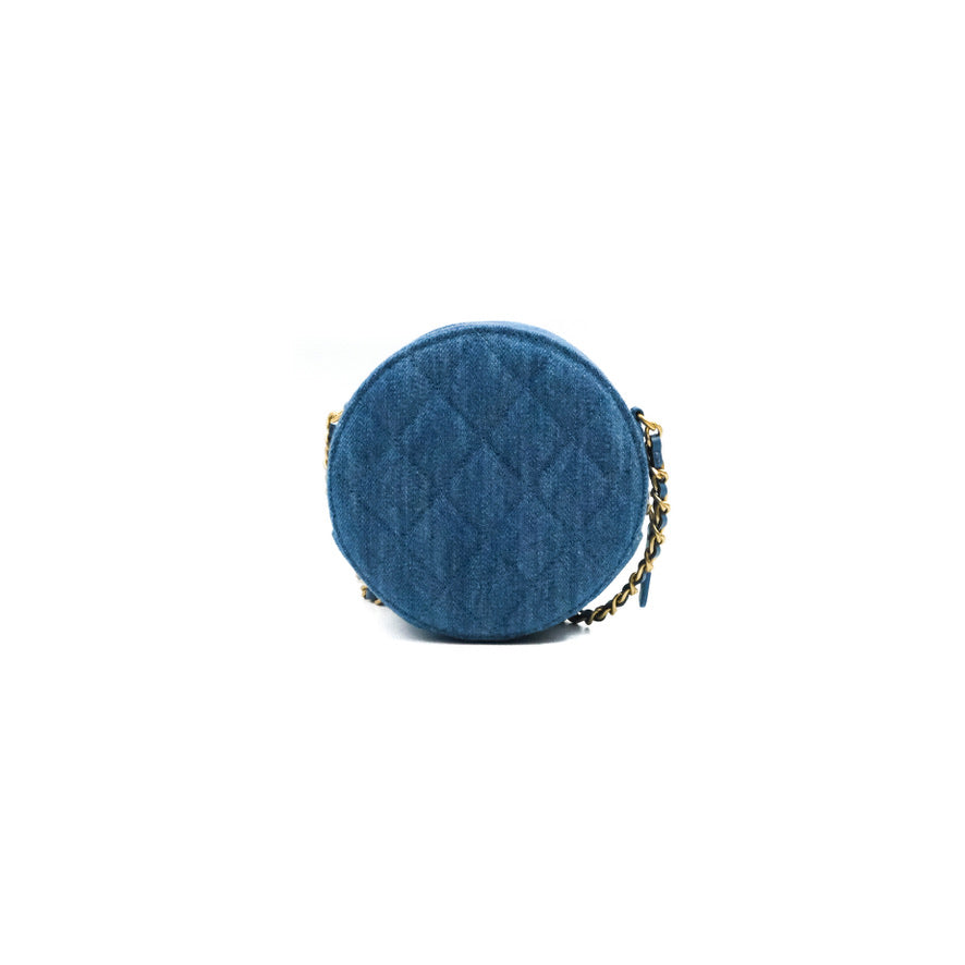 Chanel Quilted Pearl Crush Round Clutch With Chain Denim Aged Gold Hardware