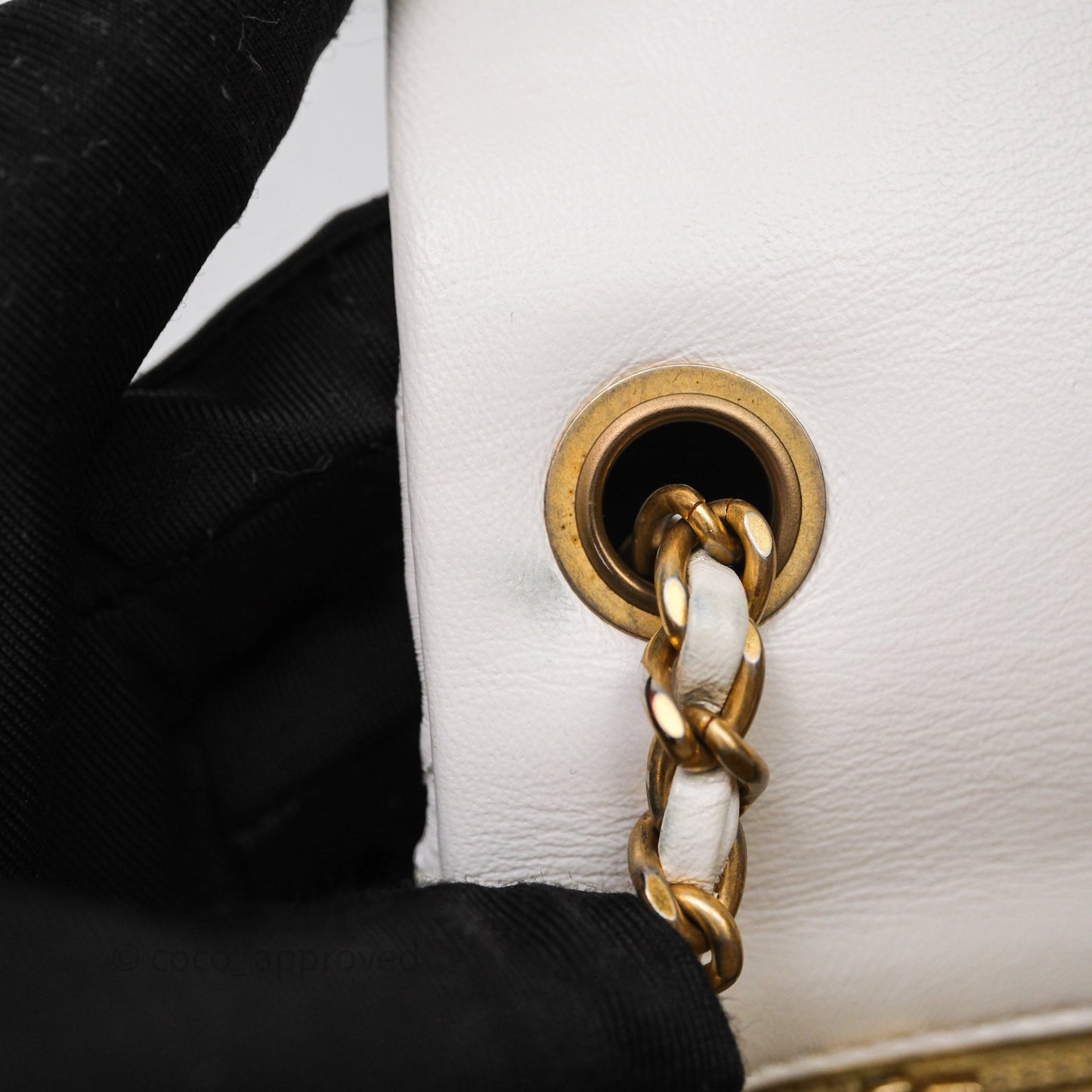 Chanel Mini Rectangular Pearl Crush Quilted White Lambskin Aged Gold Hardware