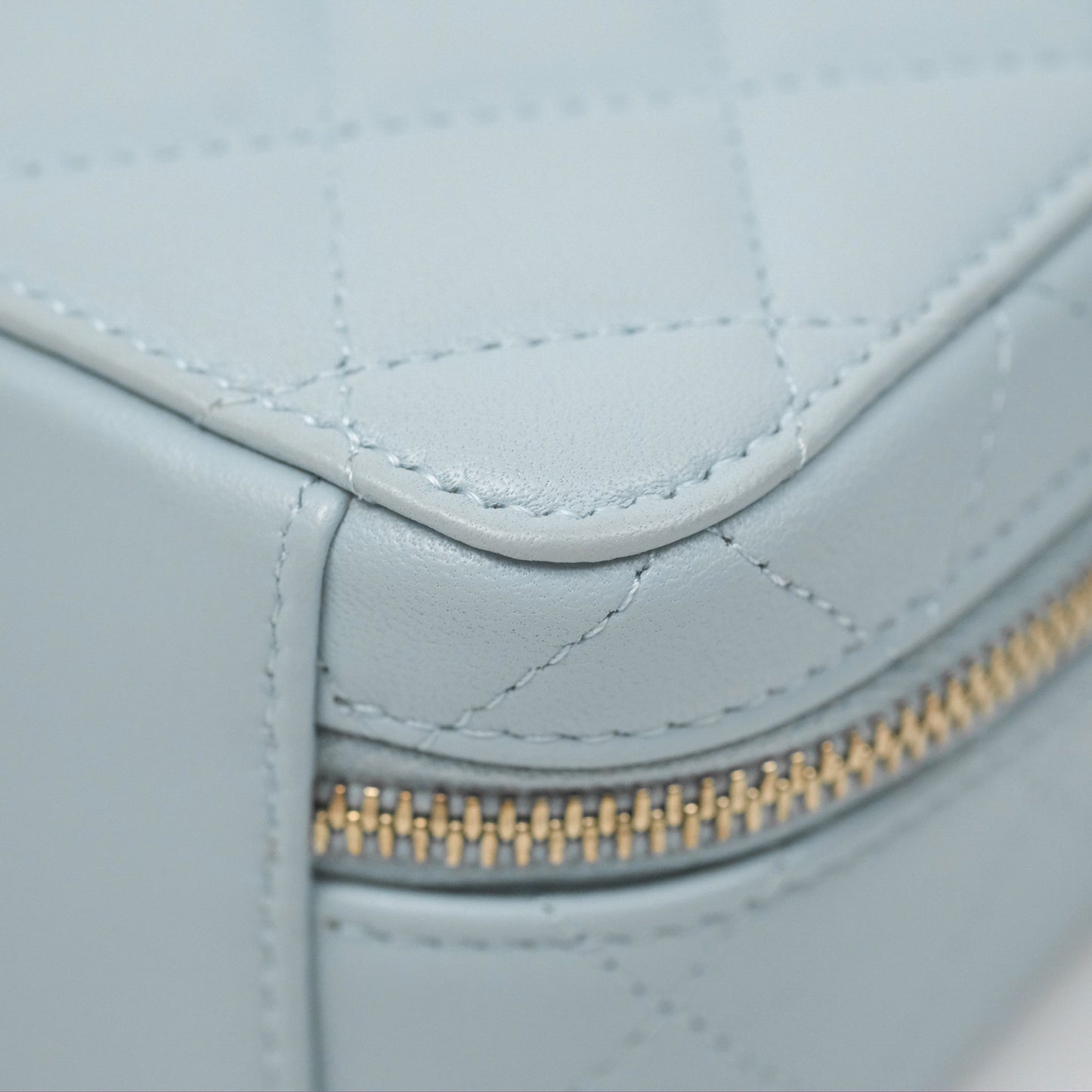Chanel Mini Quilted Vanity Camera Case Light Blue Lambskin Gold Hardware