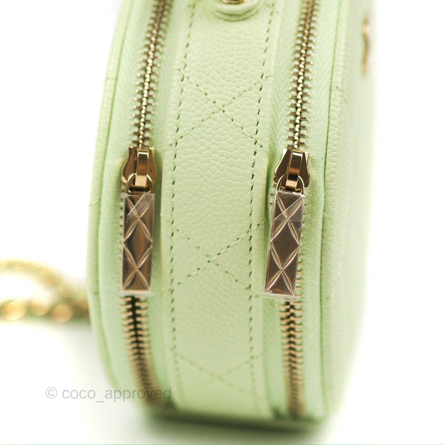 Chanel Mini Round Vanity Bag Handle With Care Light Green Caviar 22C