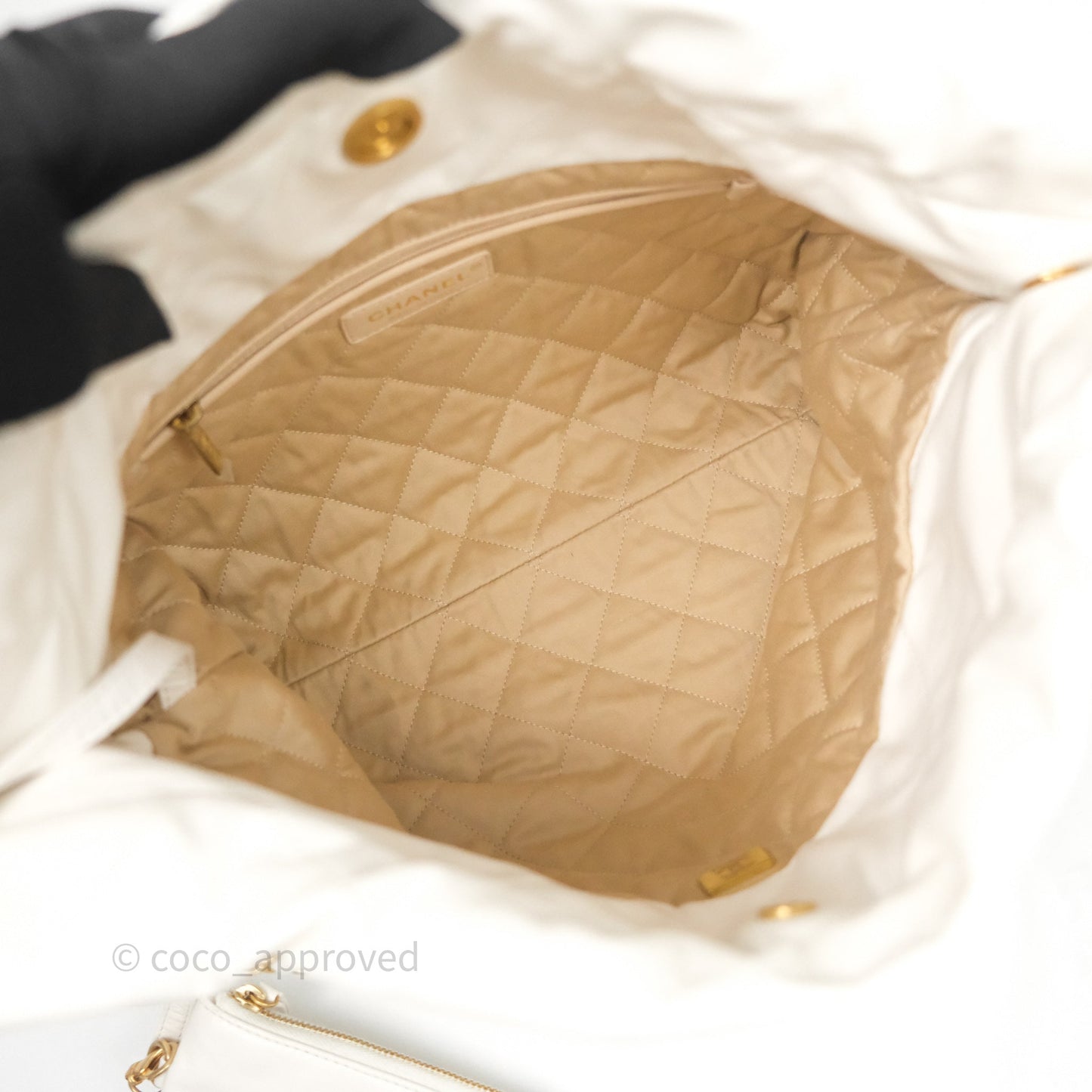 Chanel 22 Small White Aged Calfskin Black Logo Aged Gold Hardware