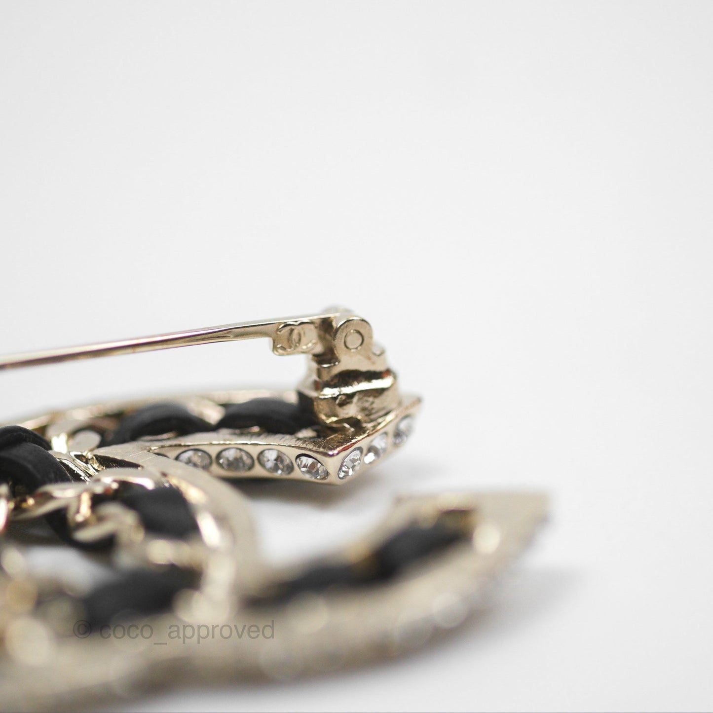 Chanel CC Crystal Braided Leather Black Brooch Gold Tone 24V