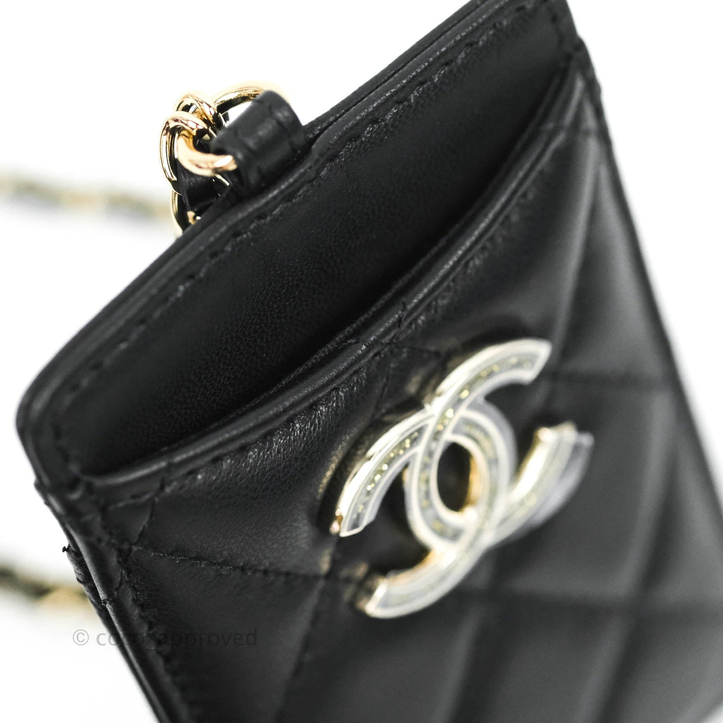 Chanel Quilted Glitter CC Chain Card Holder Black Lambskin Gold Hardware