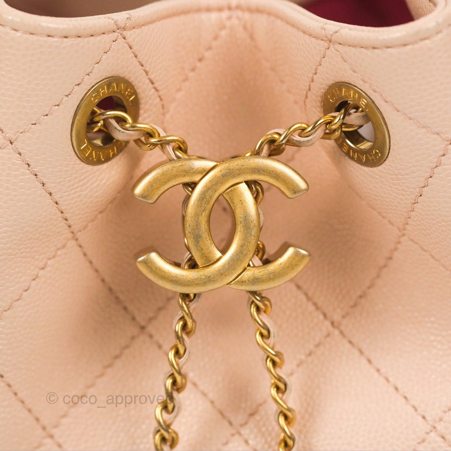 Chanel Quilted Top Handle Drawstring Bucket Bag Pink Caviar Aged Gold Hardware