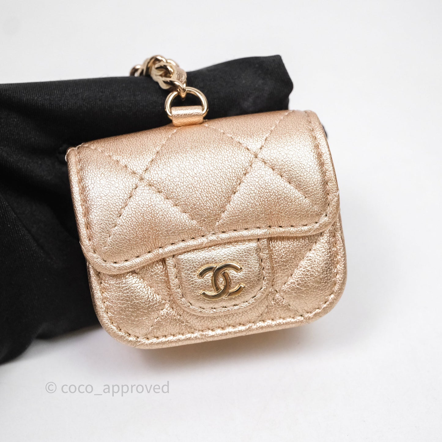 Chanel Quilted Round Coin Purse With Airpods Case Lambskin Metallic Gold Gold Hardware