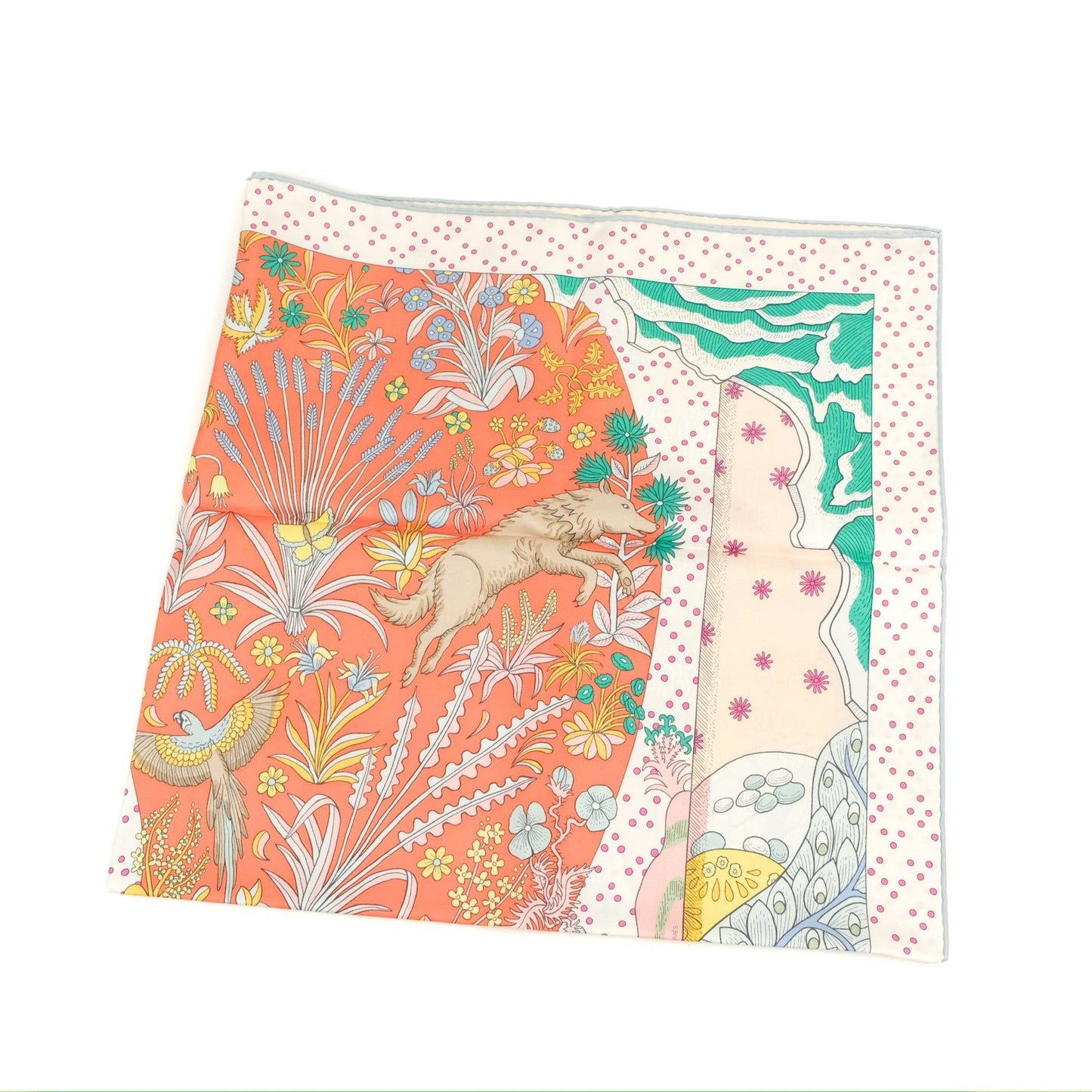 Hermes Silk Le Premier Chant Scarf 90 Abricot/ Ciel /Vert