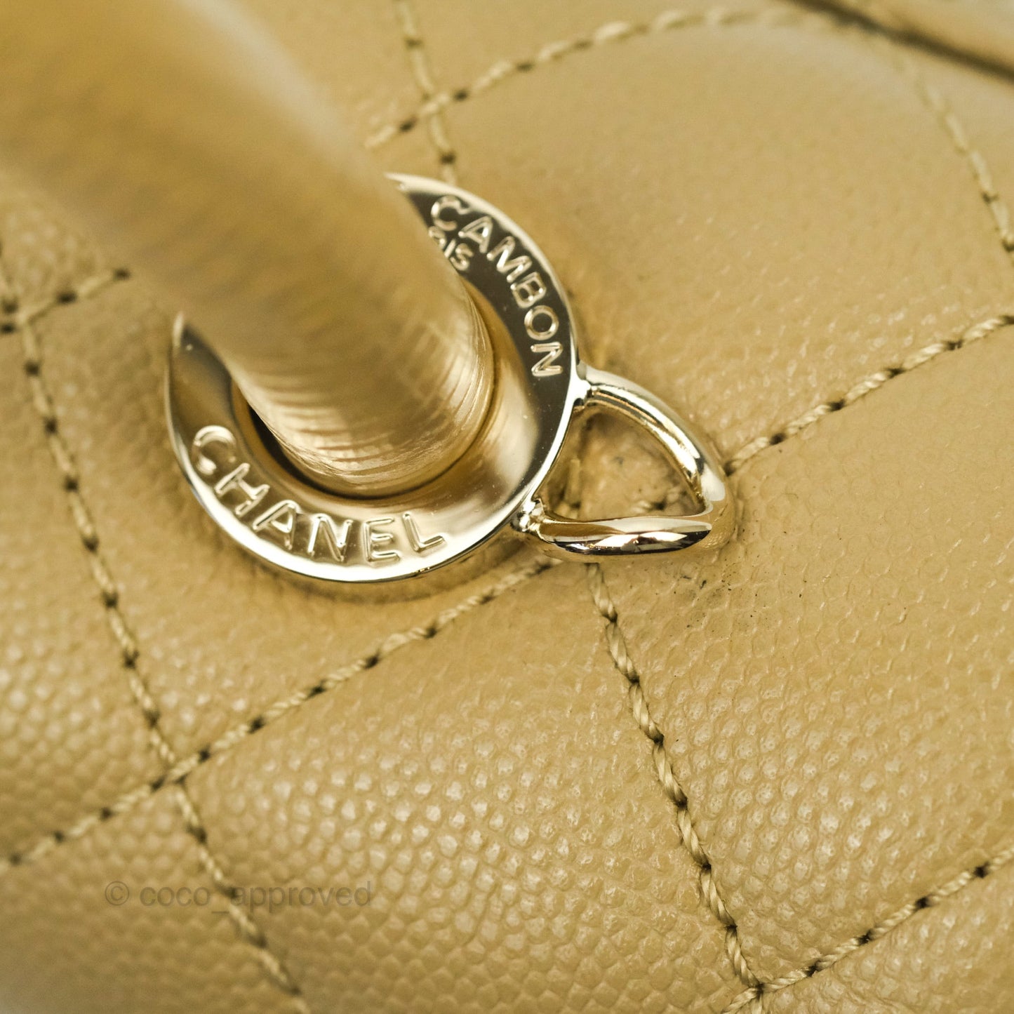Chanel Small Coco Handle Quilted Dark Beige Caviar Gold Hardware Lizard Embossed Handle 21A