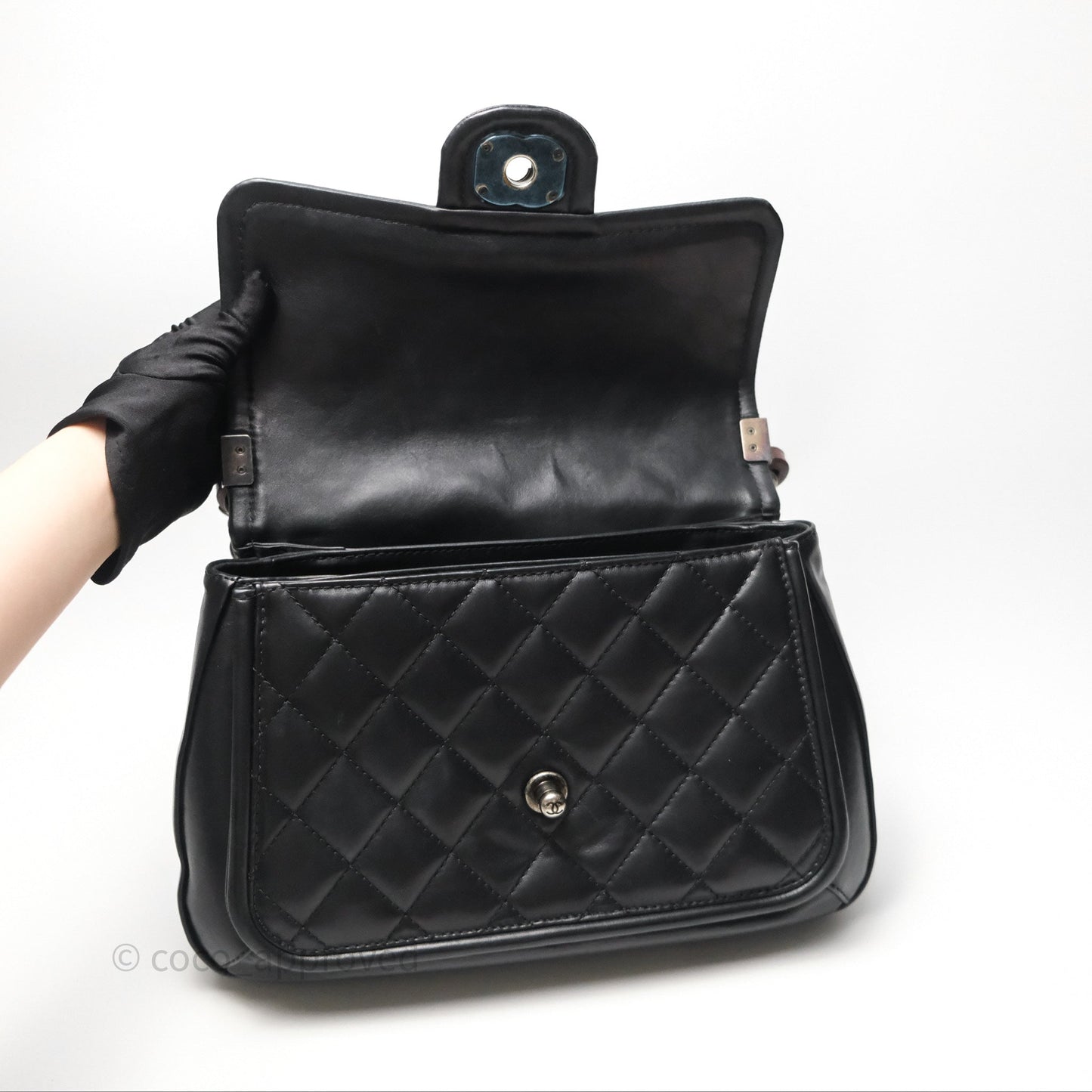 Chanel Quilted Large Prestige Top Handle Flap Calfskin Black Ruthenium Hardware