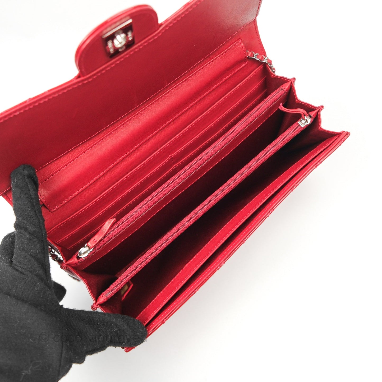 Chanel Brilliant East West Flap Clutch with Chain Red Patent Silver Hardware